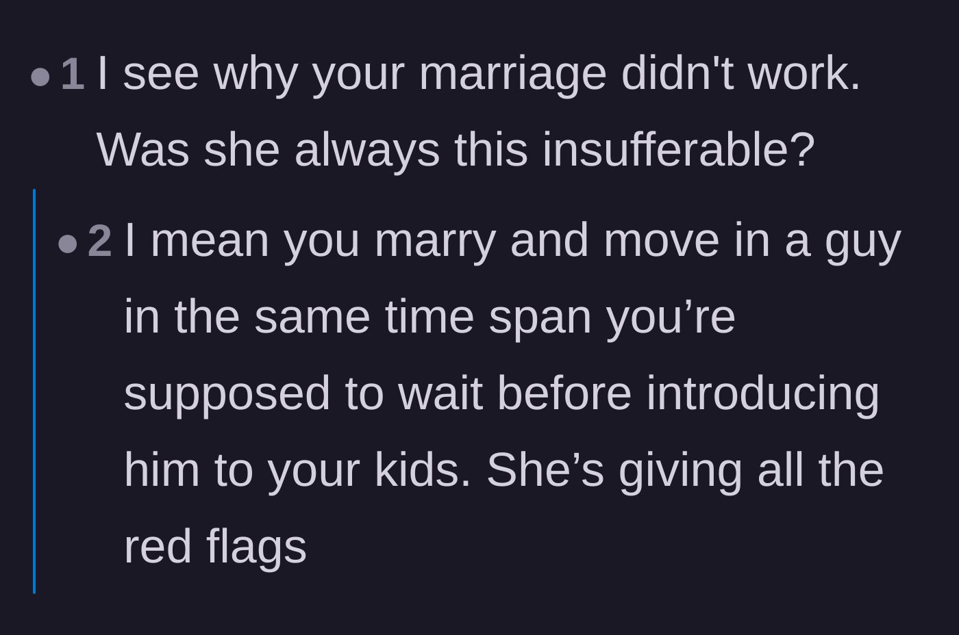 Comment thread criticizing the ex-wife's quick remarriage timeline and enabling behavior.