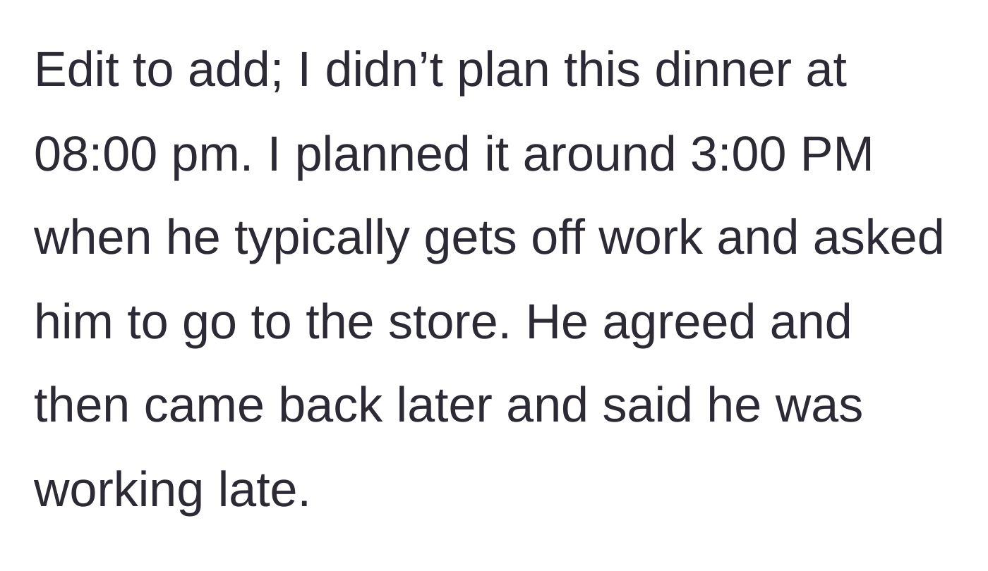 Story part 4 - Clarification that the grocery request was firmly agreed upon at 3:00 PM, well before his sudden 'late shift.'