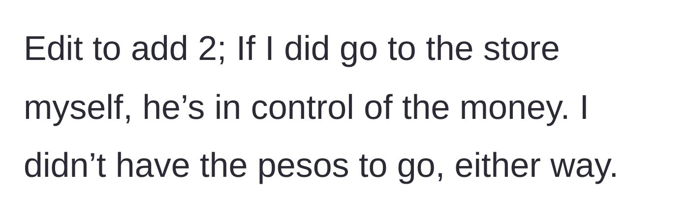Story part 6 - Final revelation that the husband controls all the money, leaving the wife without a single peso to buy her own food.