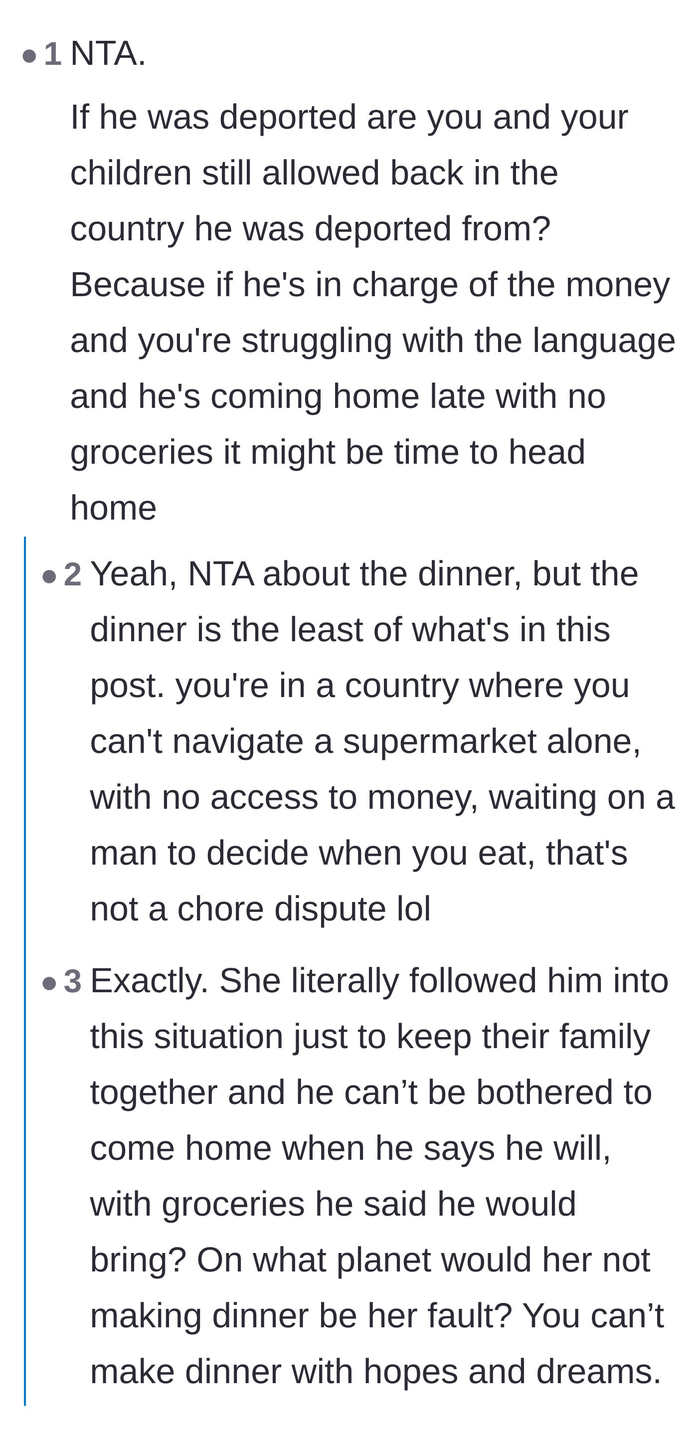 Comment thread 1 - Readers pointing out the severe isolation and urging the wife to take her kids back home.