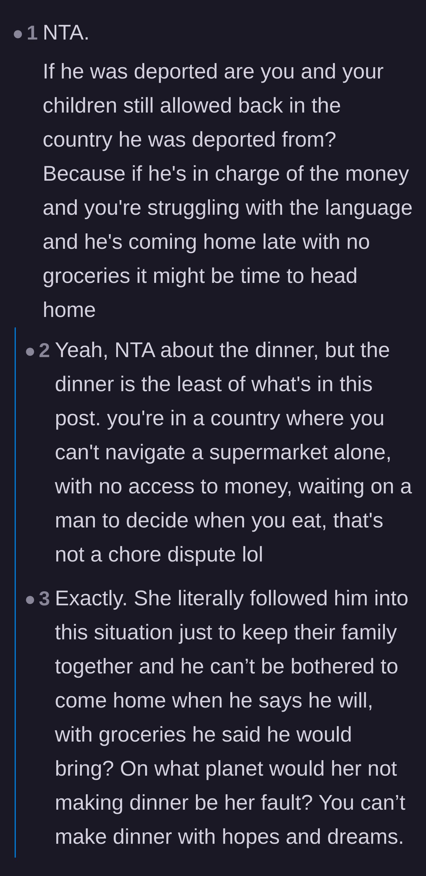 Comment thread 1 - Readers pointing out the severe isolation and urging the wife to take her kids back home.
