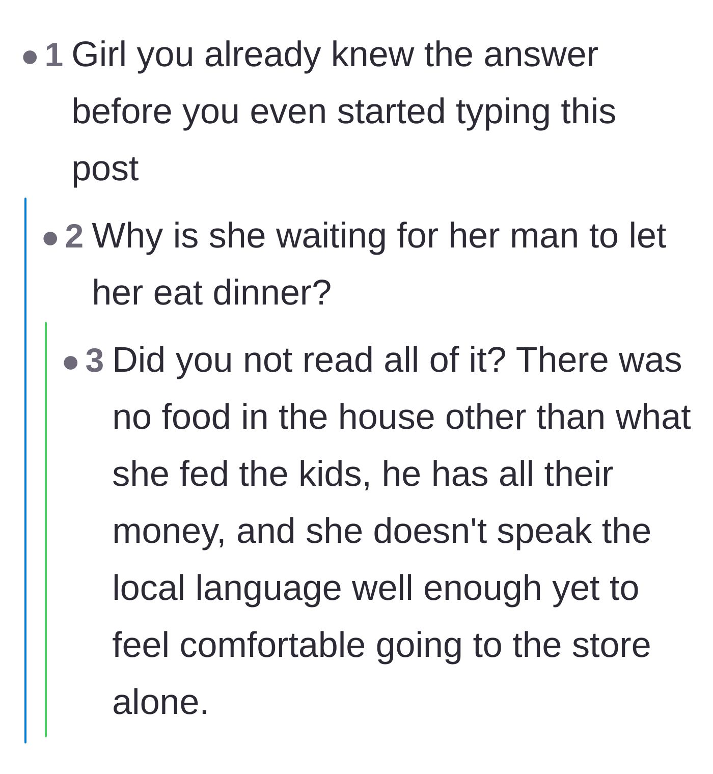 Comment thread 3 - Debate clarifying that the wife couldn't just get her own food because of the husband's financial control.