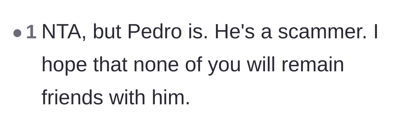 Comment thread 4 - Labeling Pedro a scammer and urging the friend group to drop him