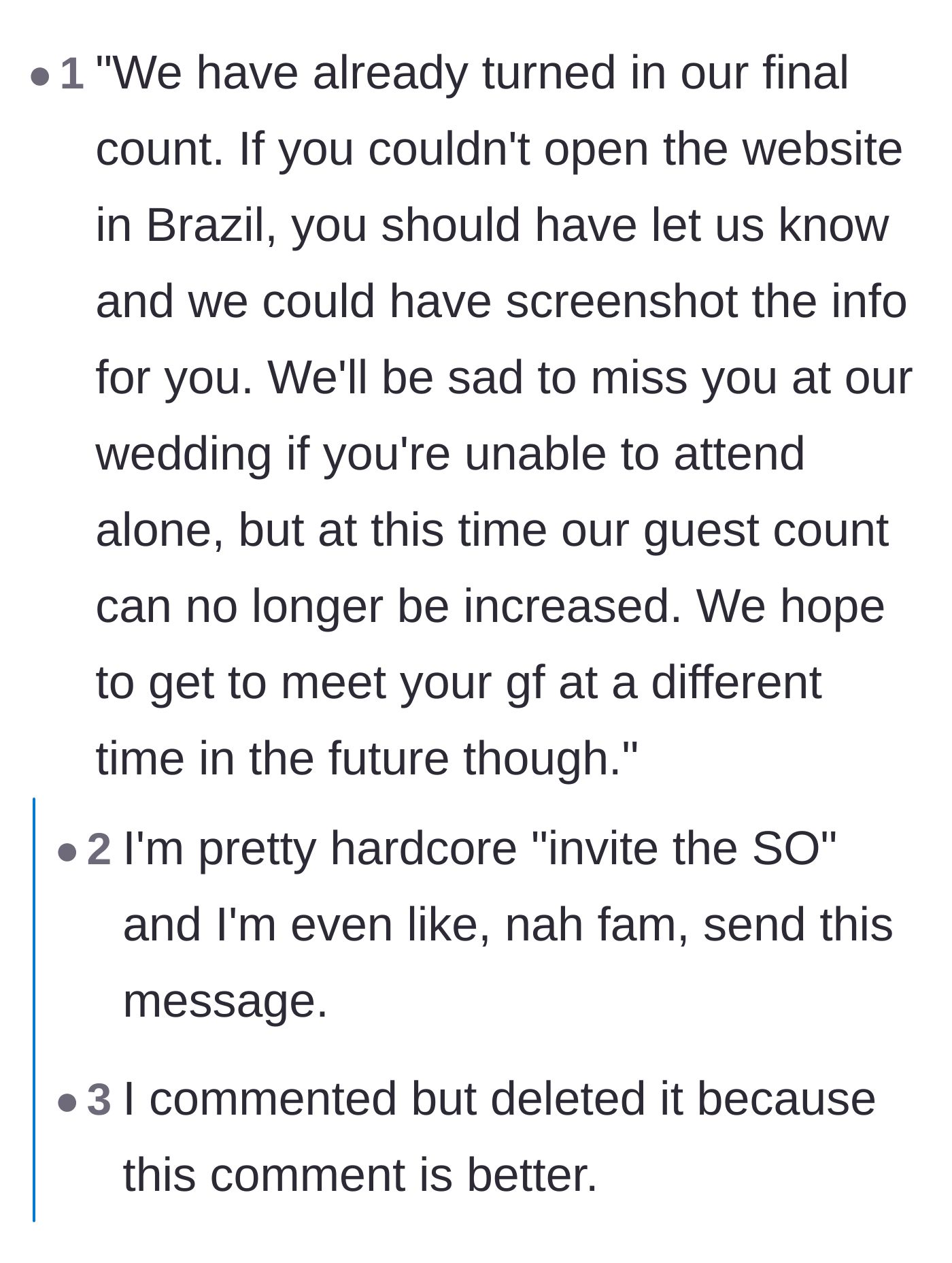 Comment thread 1 - A highly upvoted script for exactly how the couple should politely but firmly reject the plus-one request.