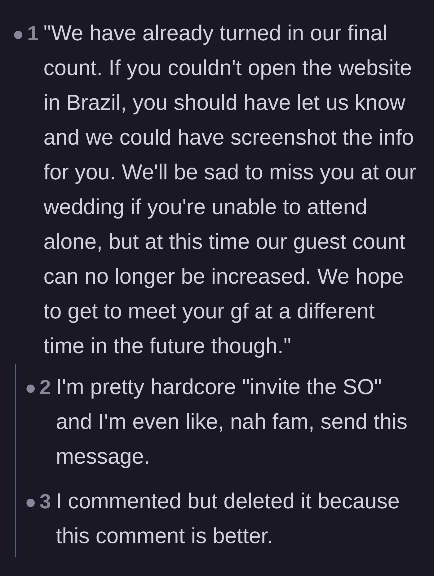 Comment thread 1 - A highly upvoted script for exactly how the couple should politely but firmly reject the plus-one request.