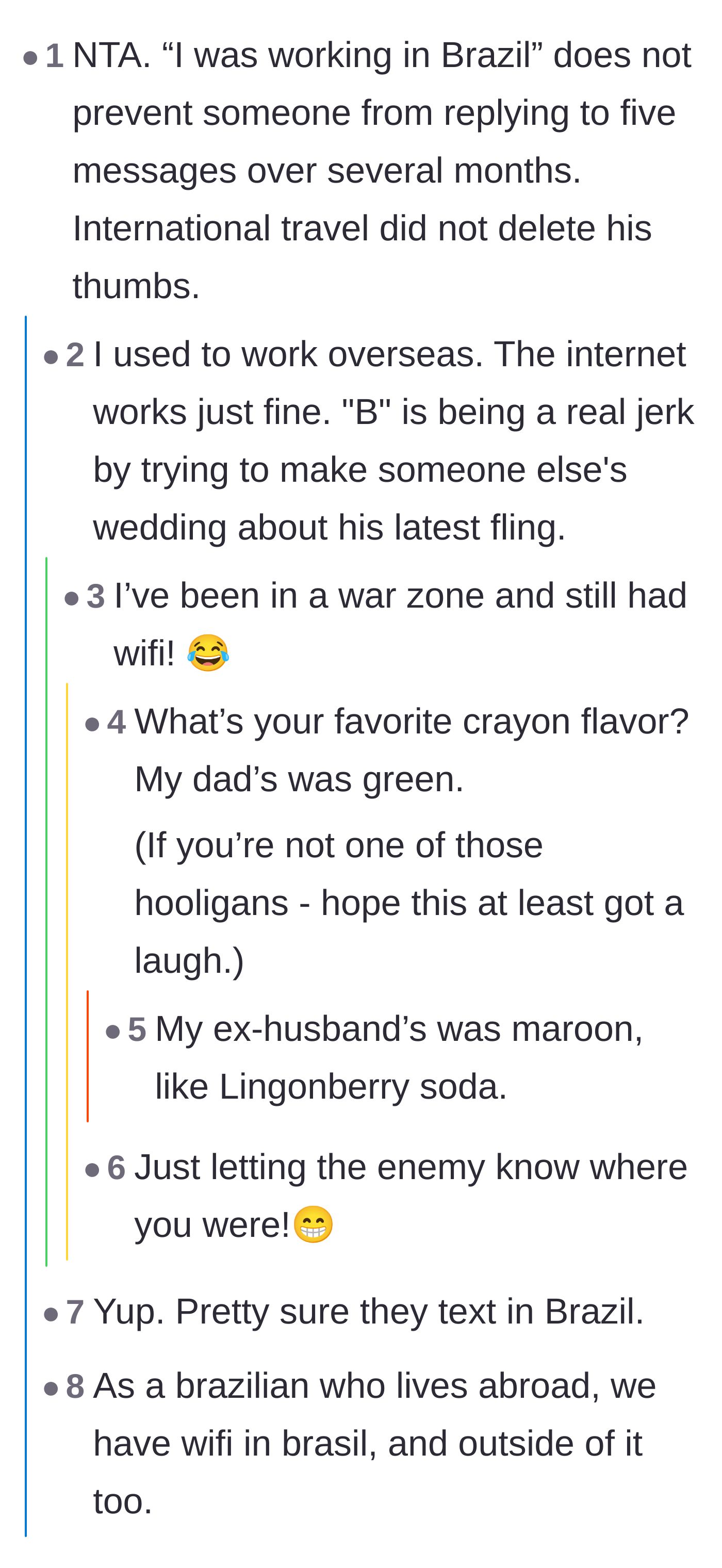 Comment thread 2 - Commenters roasting the guest's excuse about being in Brazil, noting that internet access exists everywhere.
