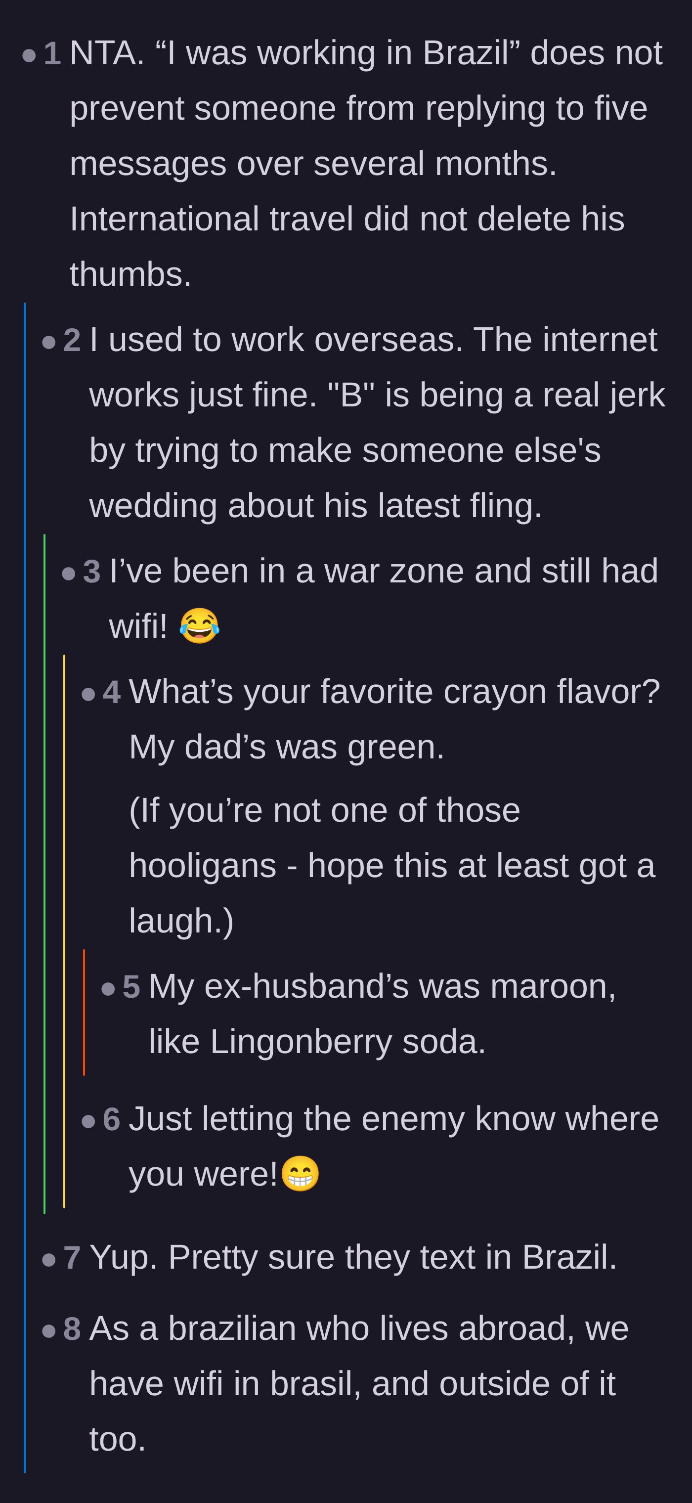 Comment thread 2 - Commenters roasting the guest's excuse about being in Brazil, noting that internet access exists everywhere.