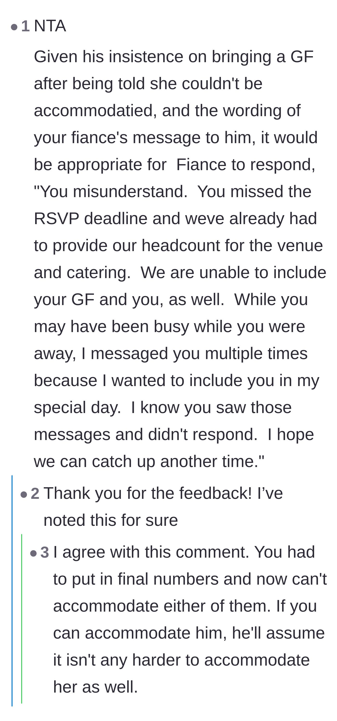 Comment thread 4 - Advice suggesting that the fiancé should rescind the friend's invitation entirely since he missed the deadline.