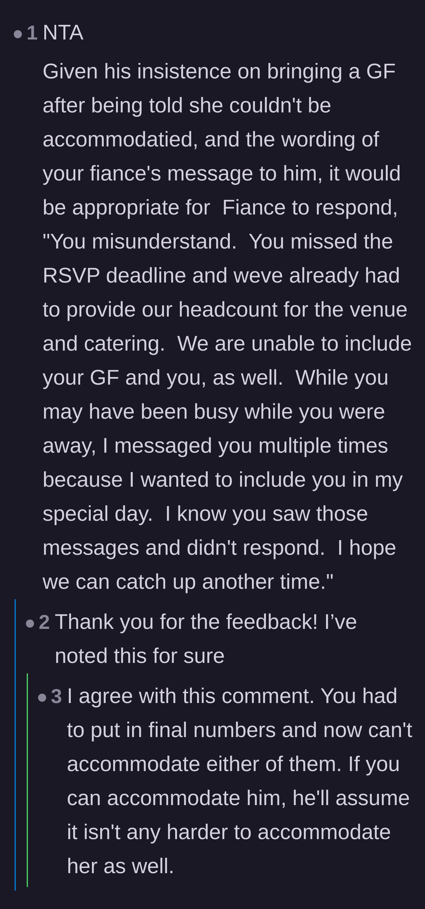 Comment thread 4 - Advice suggesting that the fiancé should rescind the friend's invitation entirely since he missed the deadline.