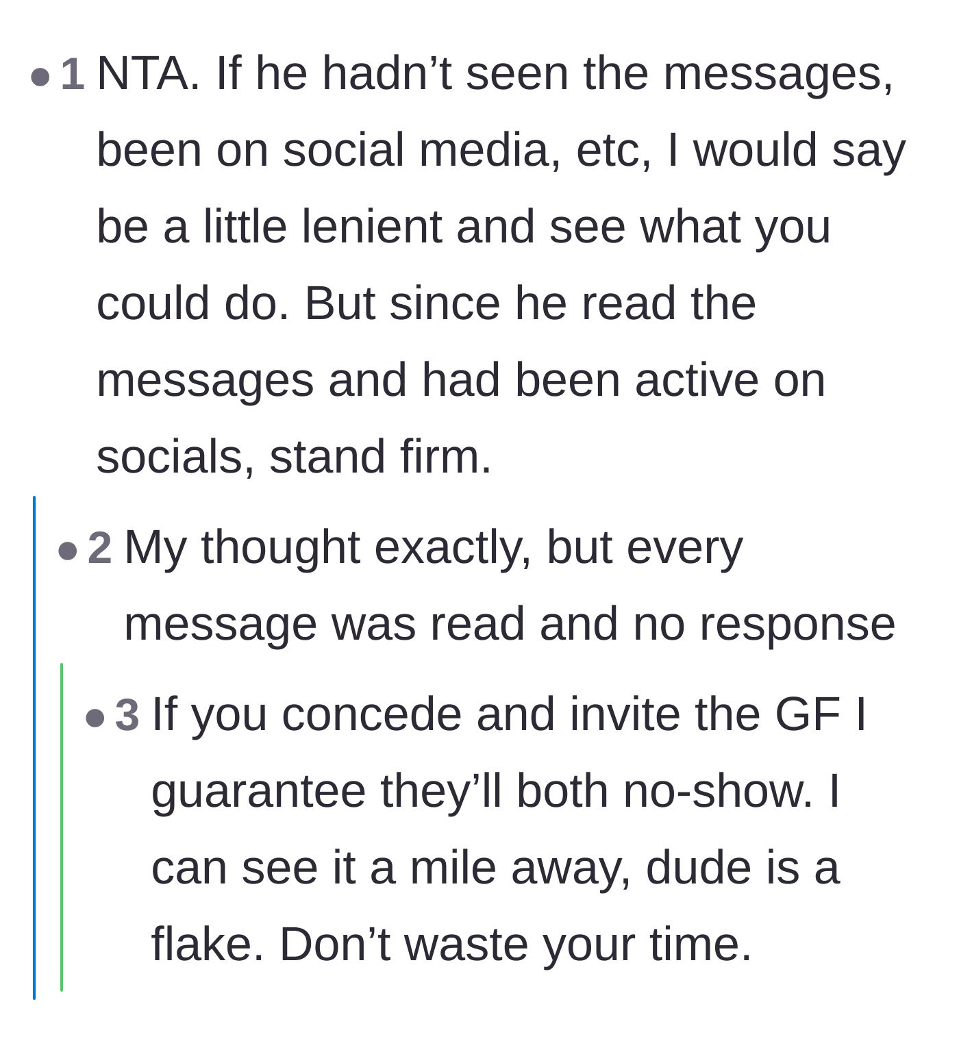 Comment thread 6 - Commenters agreeing that read receipts prove the guest's guilt and predicting the couple will just no-show anyway.