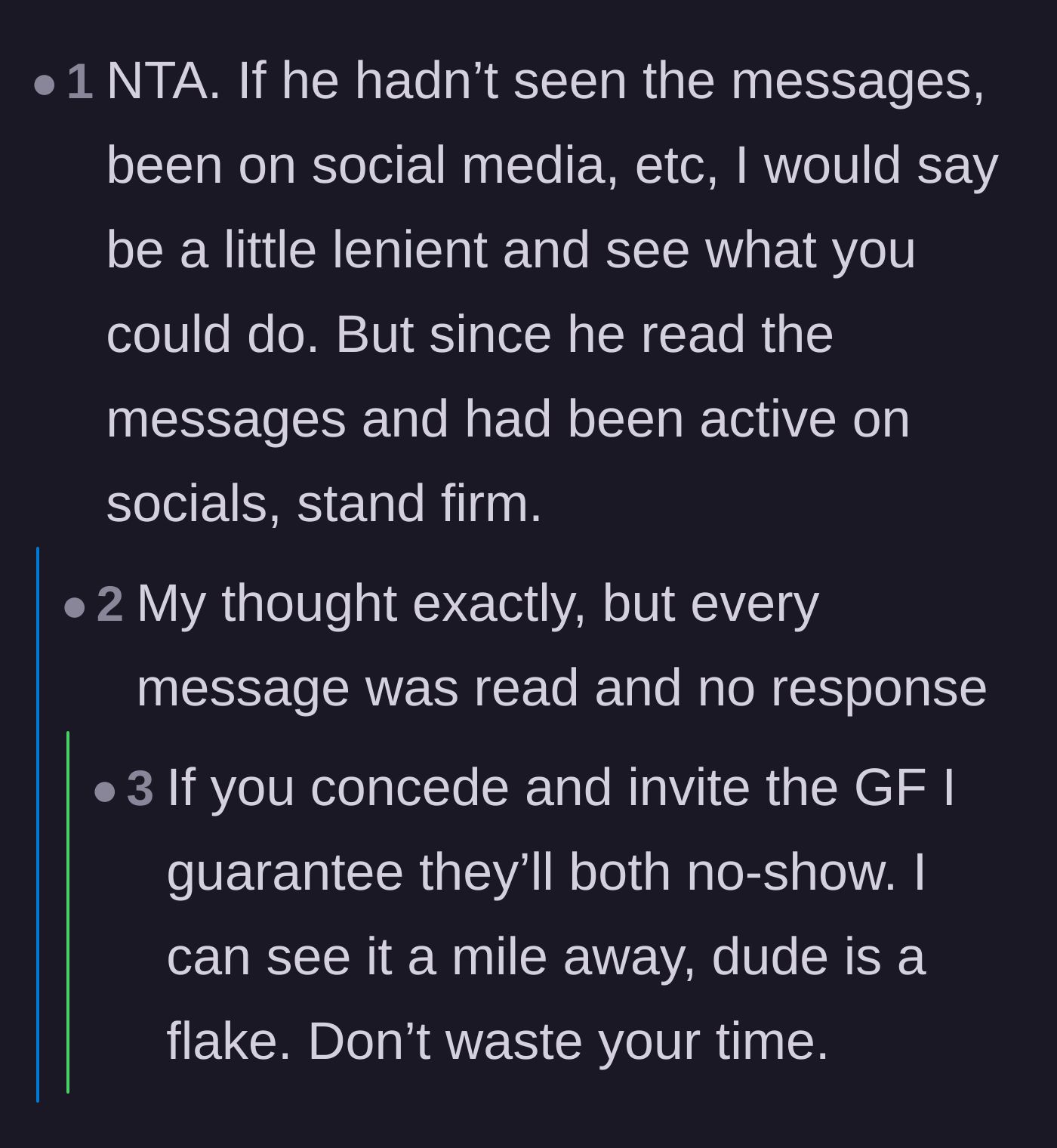 Comment thread 6 - Commenters agreeing that read receipts prove the guest's guilt and predicting the couple will just no-show anyway.