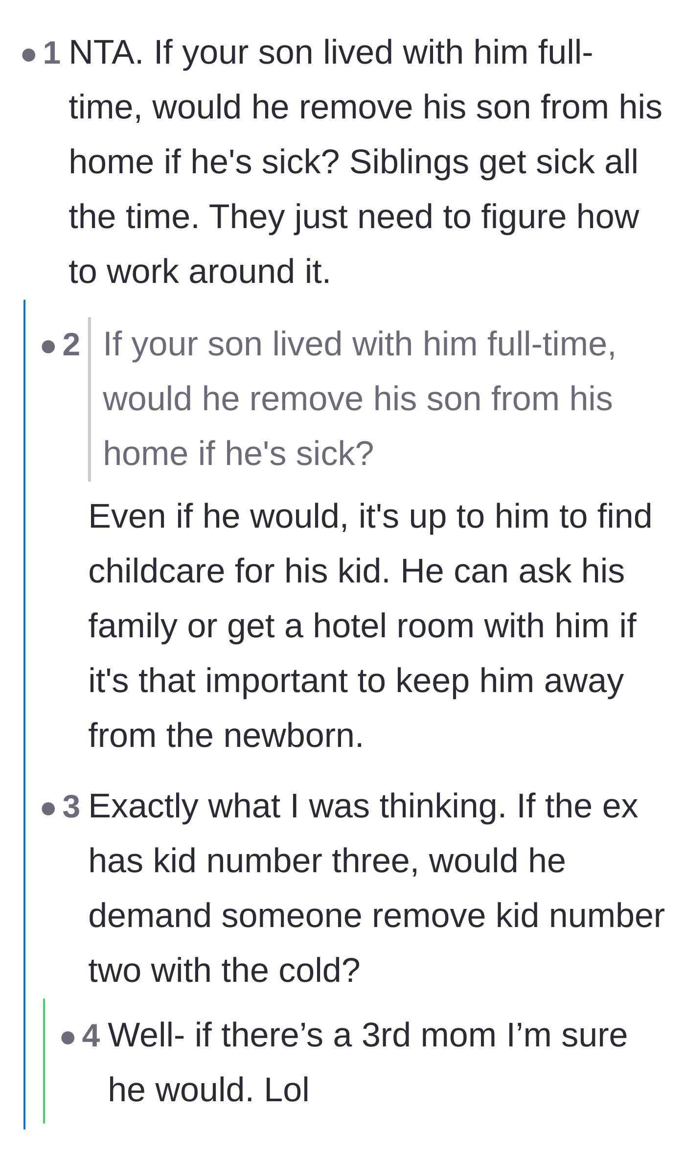 Comment thread 2 - A discussion pointing out that if the child lived there full-time, the dad couldn't just kick him out for being sick.