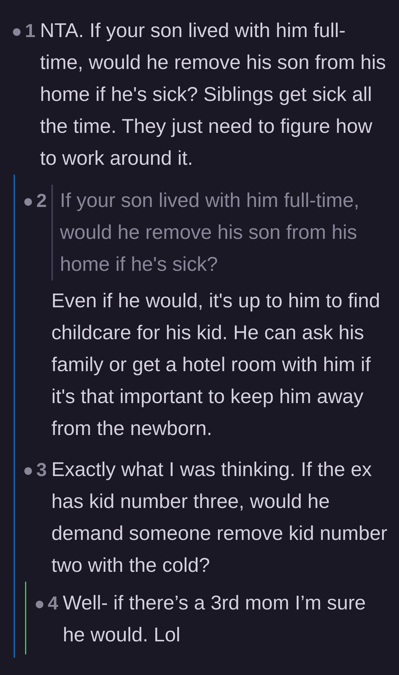 Comment thread 2 - A discussion pointing out that if the child lived there full-time, the dad couldn't just kick him out for being sick.