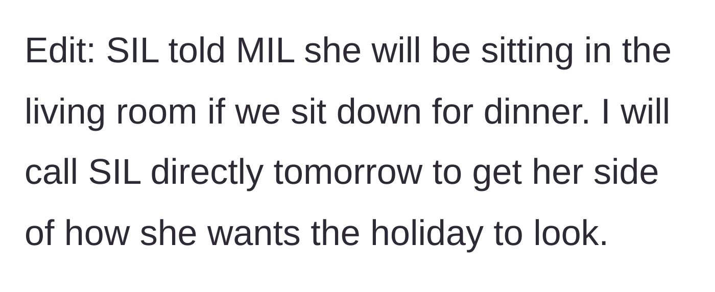 Story part 4 - The host deciding to bypass the mother-in-law and call the sister-in-law directly to sort out the holiday plans.