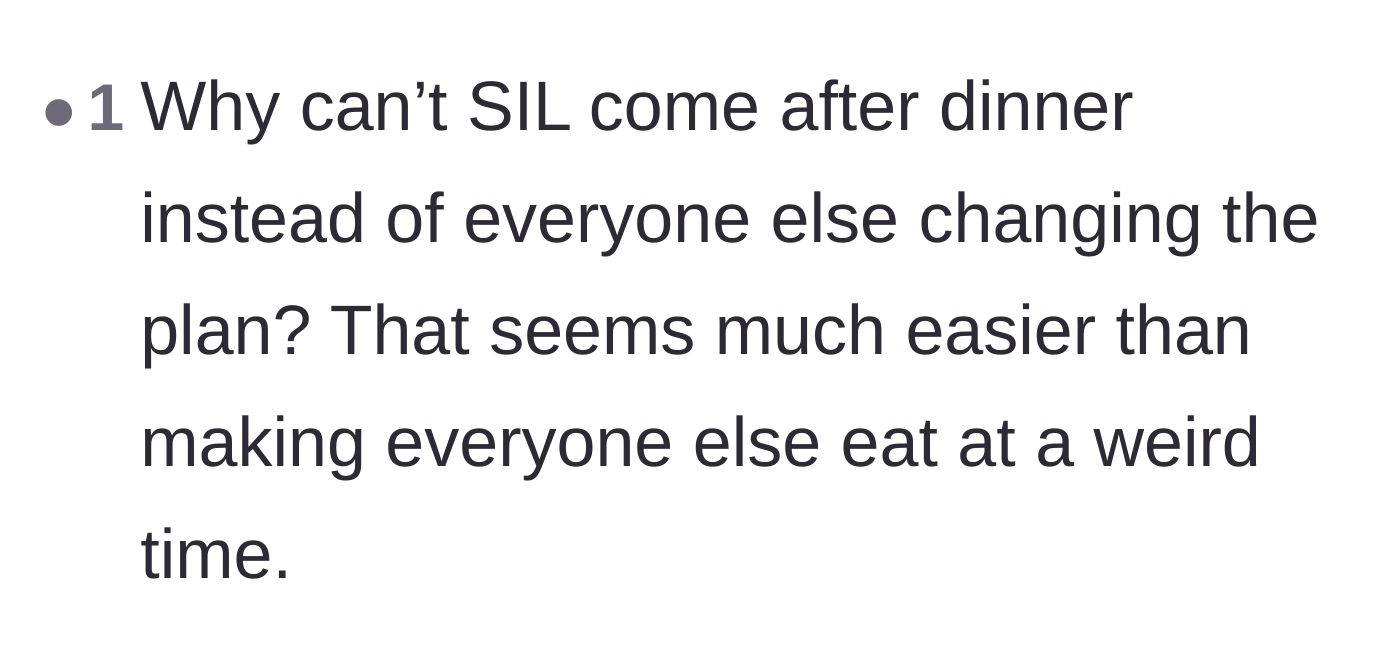 Comment thread 4 - A simple suggestion that the sister-in-law should just arrive after the meal is over.