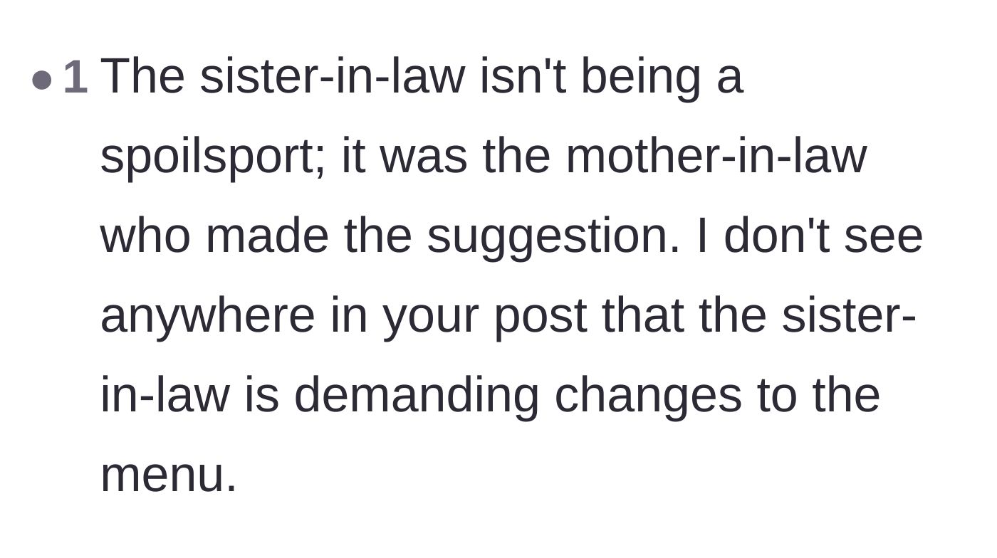 Comment thread 5 - A commenter reiterating that the mother-in-law is the sole source of the dramatic menu demands.