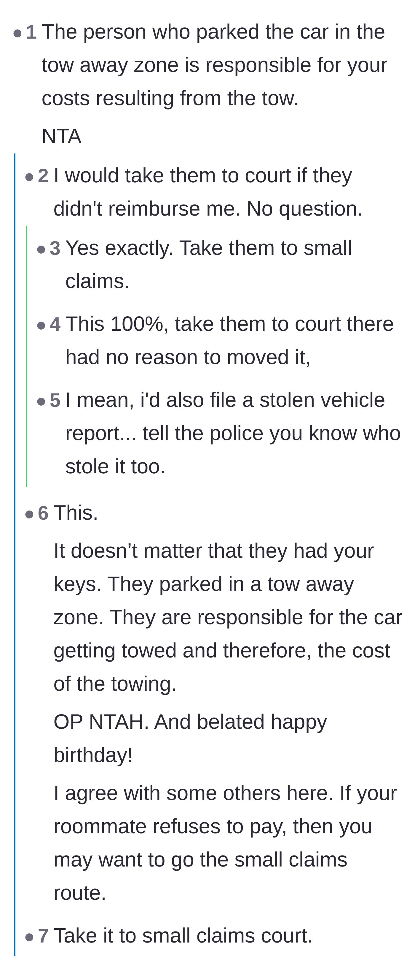 Comment thread 1 - Readers debating whether the roommate's actions count as car theft and urging the narrator to go to small claims court.