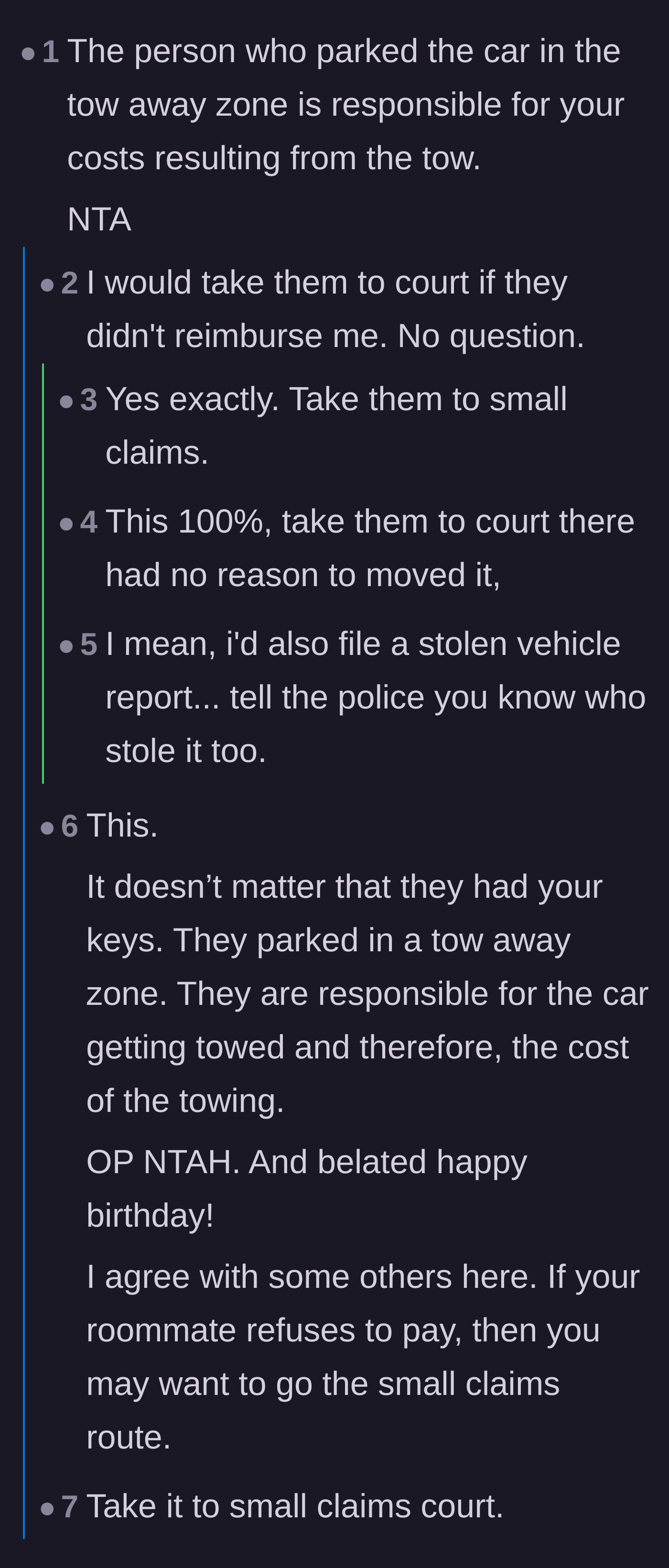 Comment thread 1 - Readers debating whether the roommate's actions count as car theft and urging the narrator to go to small claims court.
