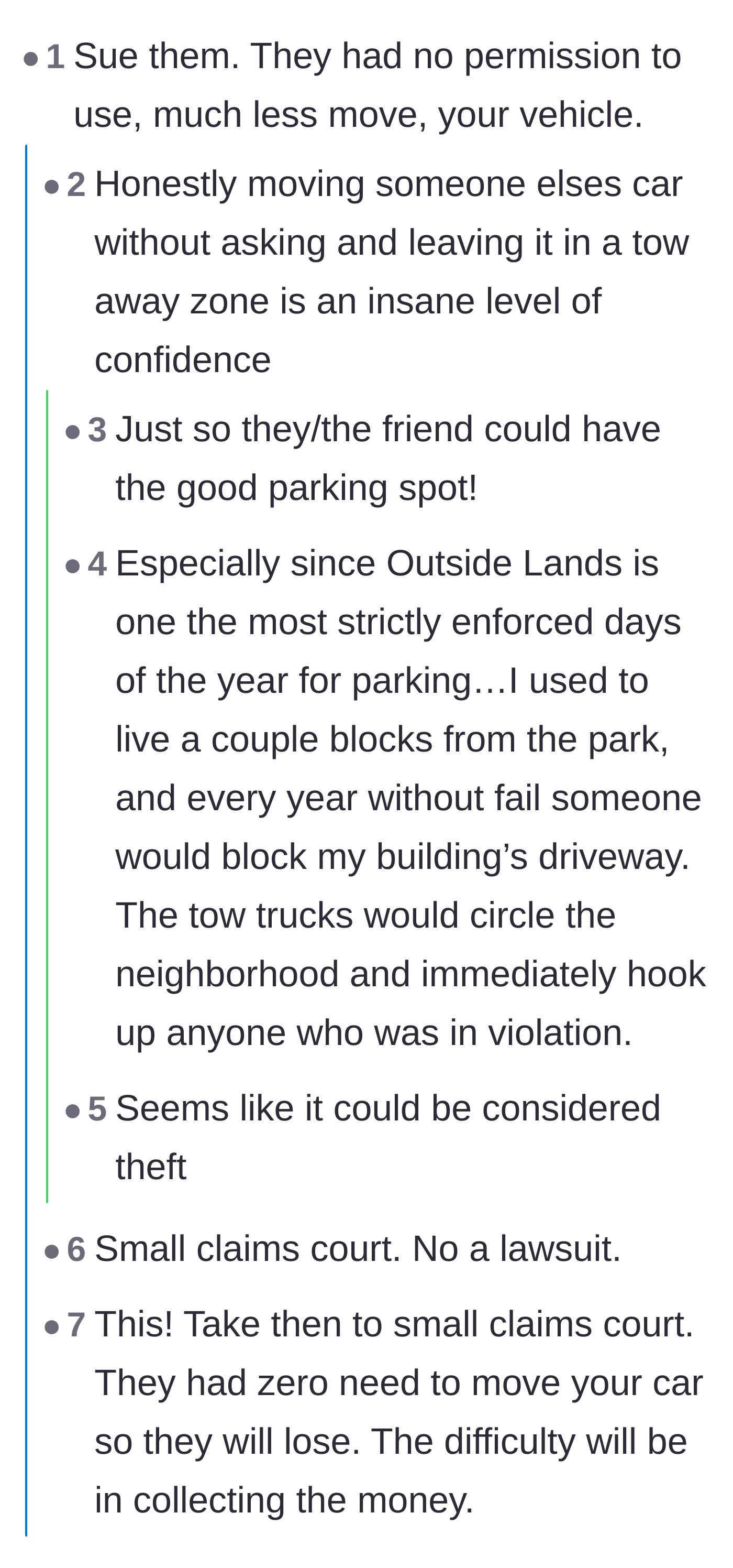 Comment thread 2 - A discussion about the sheer audacity of moving a roommate's car just so a visiting friend can steal the prime parking spot.