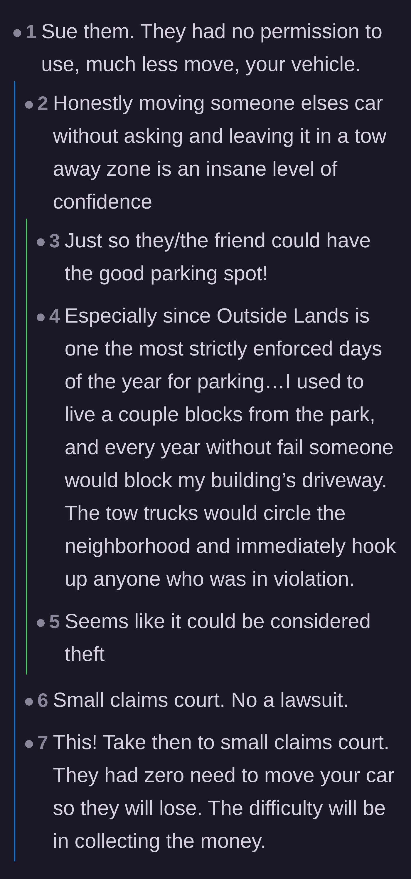 Comment thread 2 - A discussion about the sheer audacity of moving a roommate's car just so a visiting friend can steal the prime parking spot.
