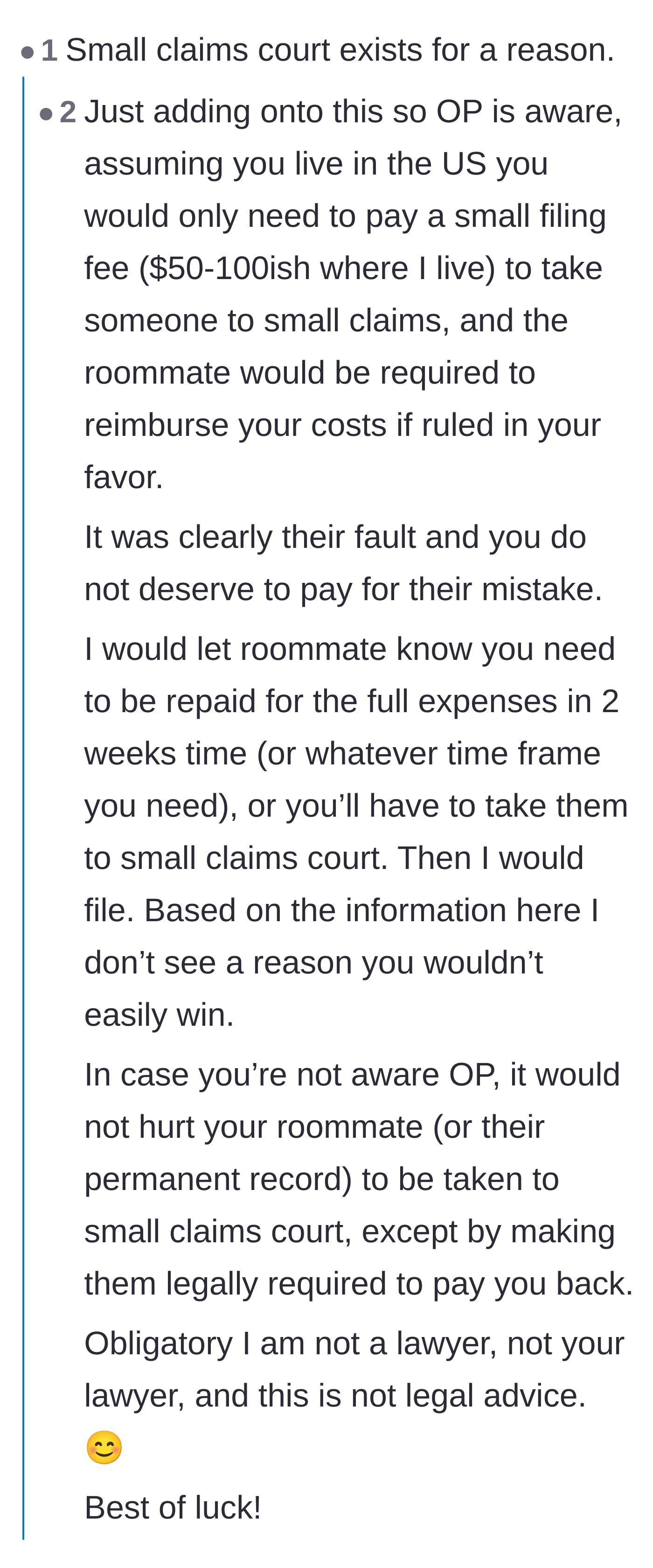 Comment thread 3 - Practical advice breaking down exactly how cheap and easy it is to file a case in small claims court.