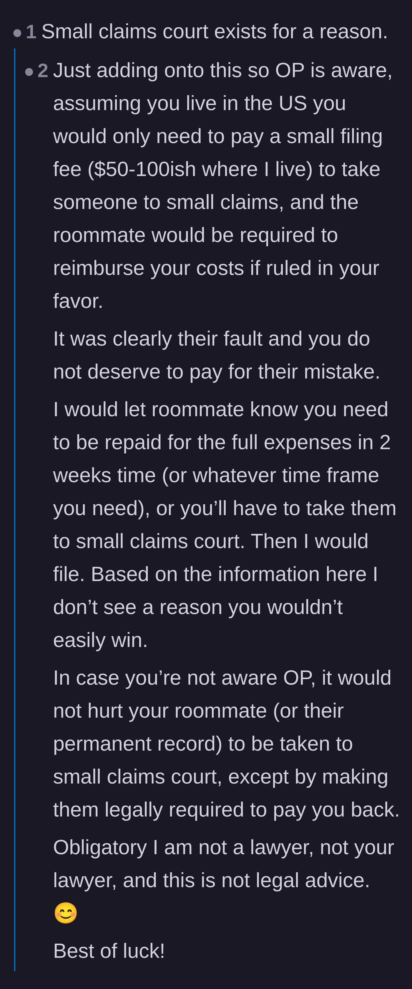 Comment thread 3 - Practical advice breaking down exactly how cheap and easy it is to file a case in small claims court.