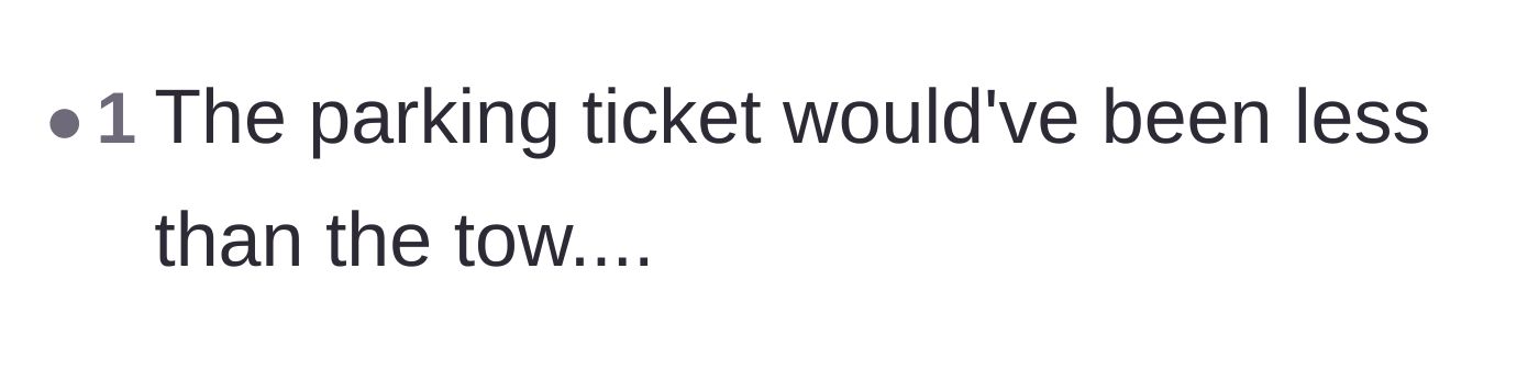 Comment thread 6 - A commenter pointing out the hilarious irony that a standard parking ticket is way cheaper than a tow fee.