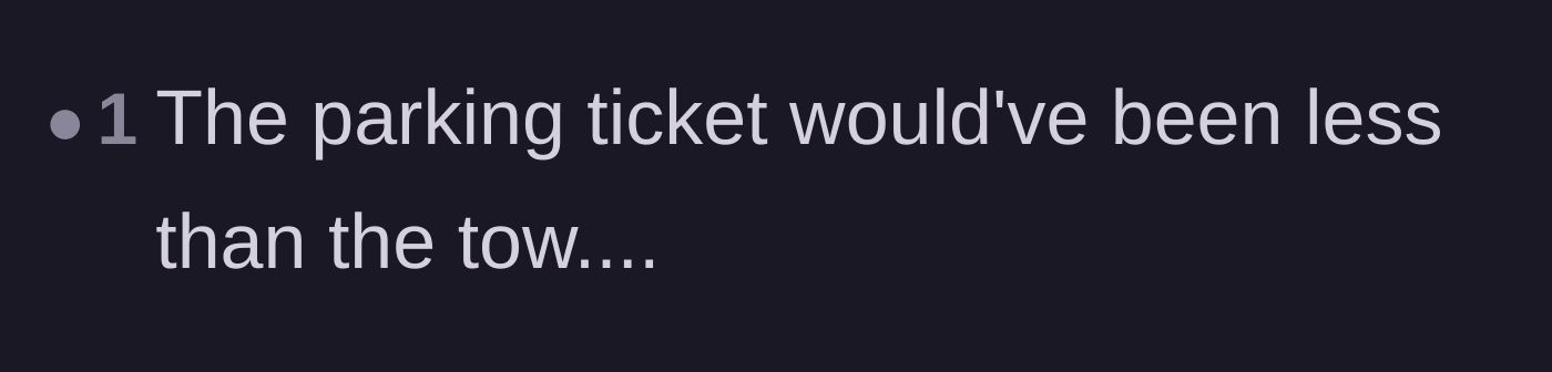 Comment thread 6 - A commenter pointing out the hilarious irony that a standard parking ticket is way cheaper than a tow fee.