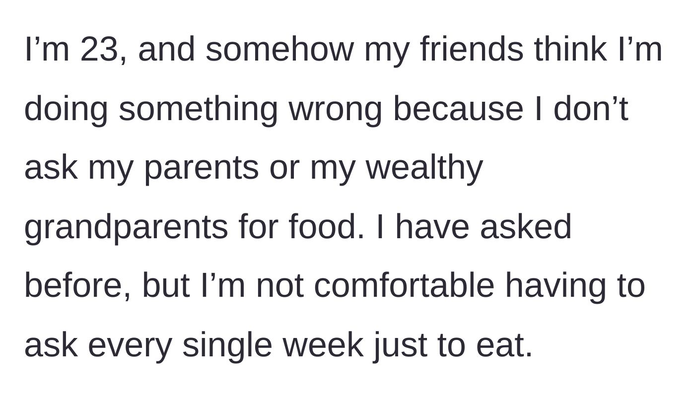 Story part 3 - The author expresses her deep discomfort with constantly begging her wealthy family for food instead of using community resources.