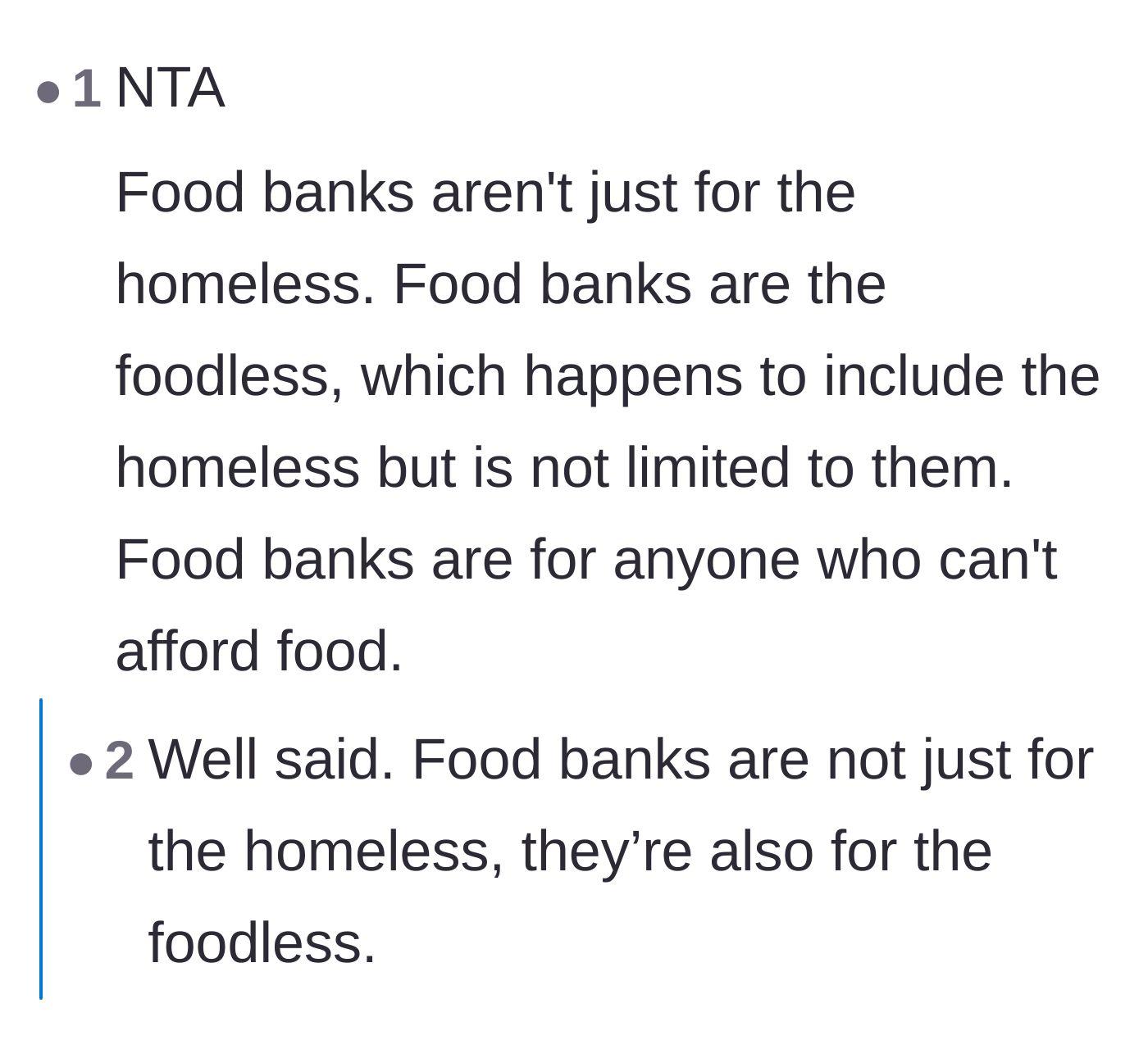 Comment thread 1 - A discussion about how food banks are designed for anyone who is foodless, regardless of their housing situation, and breaking down the myth of welfare fraud.