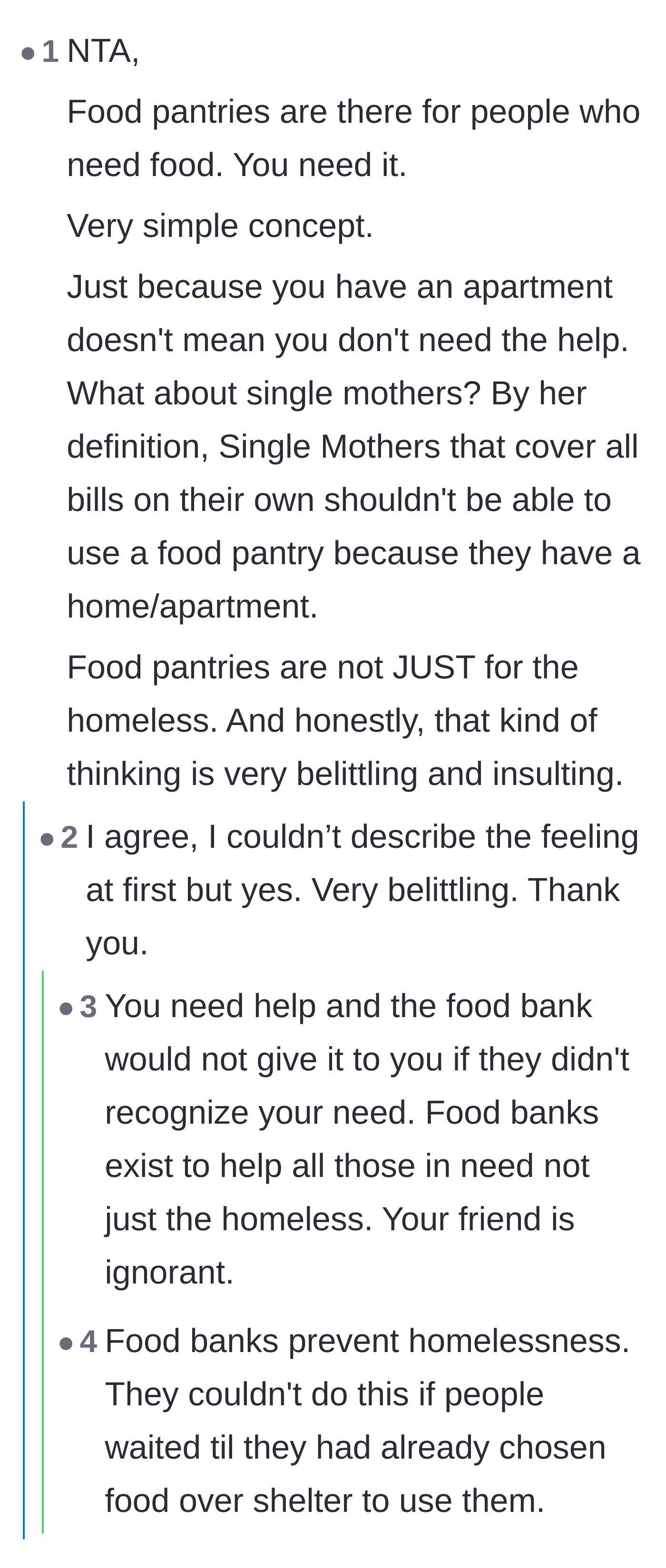 Comment thread 2 - Commenters pointing out that assuming food banks are only for the homeless is deeply insulting to struggling families like single mothers.