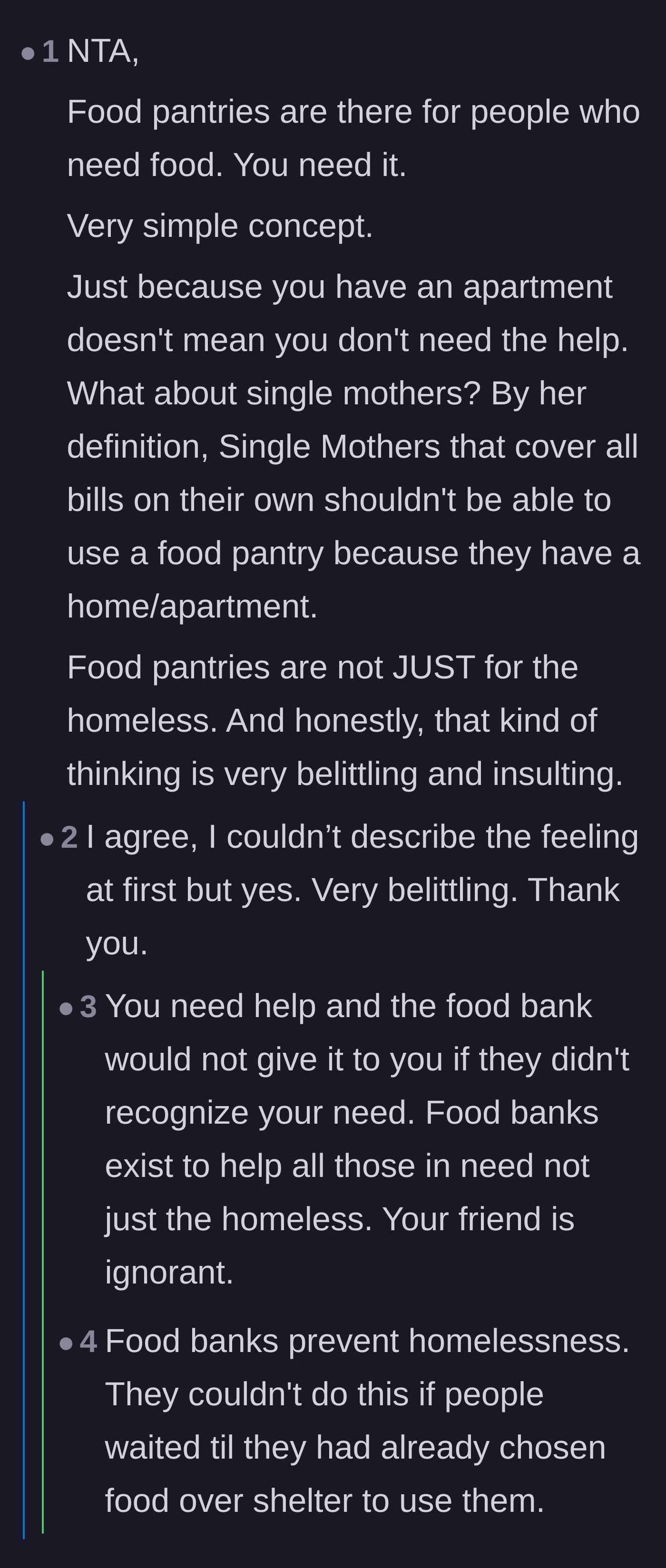 Comment thread 2 - Commenters pointing out that assuming food banks are only for the homeless is deeply insulting to struggling families like single mothers.