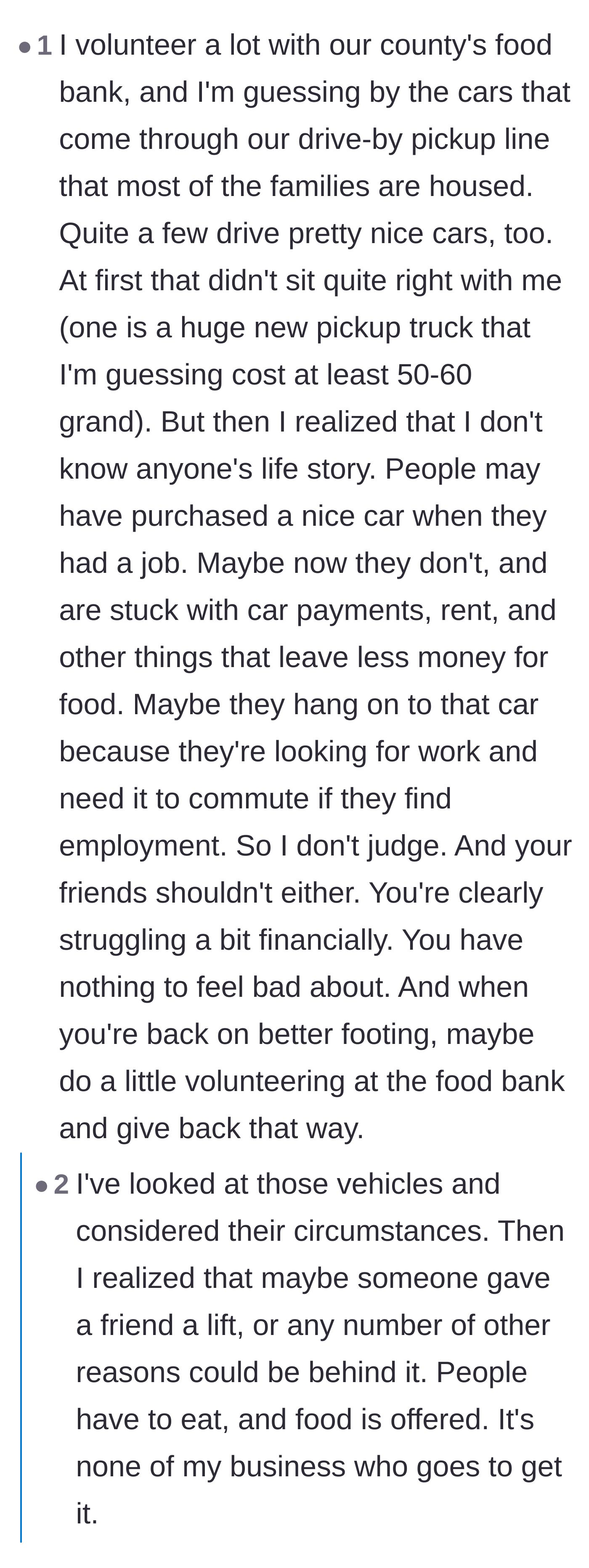 Comment thread 3 - A food bank volunteer explaining why people driving nice cars might still need food assistance, emphasizing that you never know someone's circumstances.