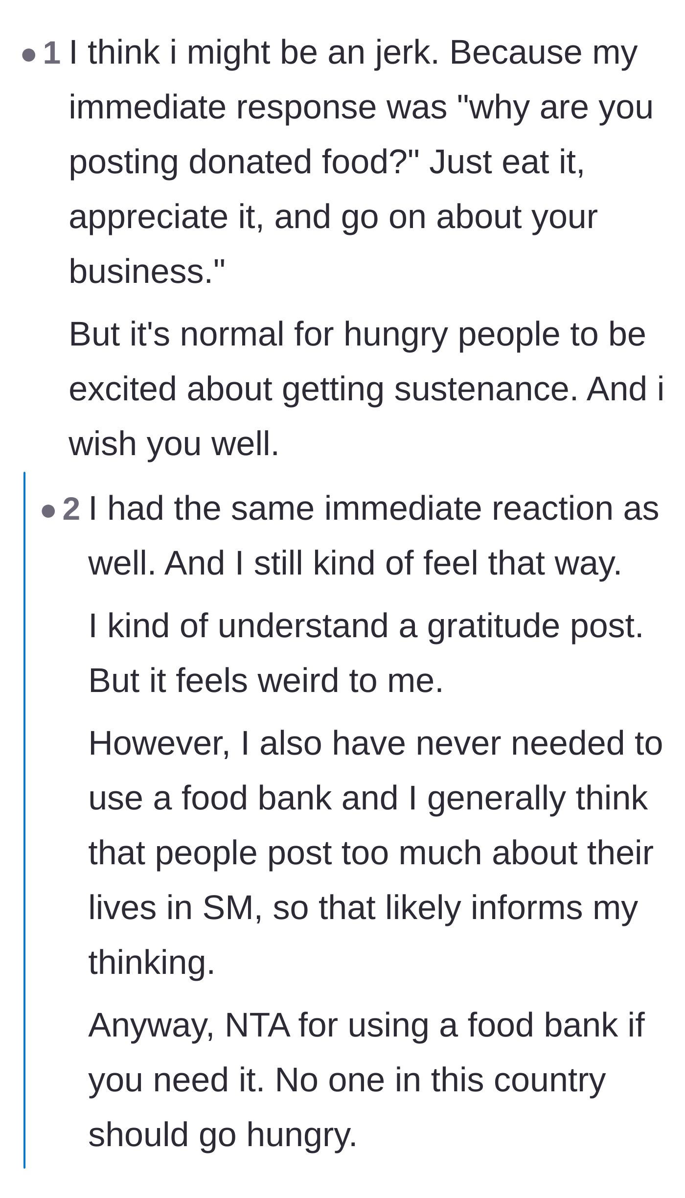 Comment thread 4 - A debate on why posting a food bank haul might seem weird at first, but actually helps normalize asking for help and removes the stigma.