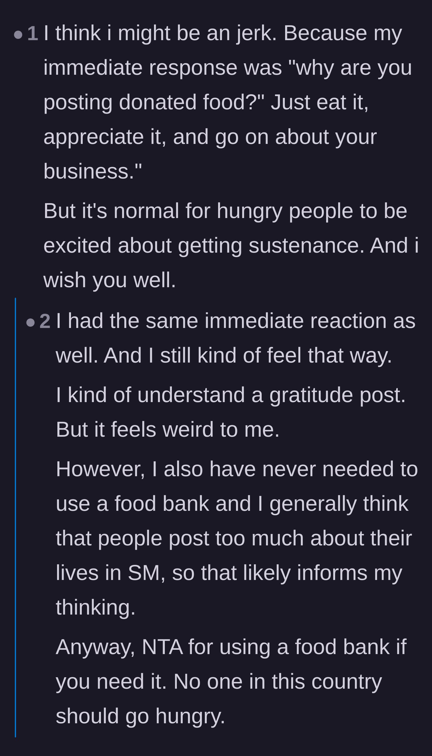 Comment thread 4 - A debate on why posting a food bank haul might seem weird at first, but actually helps normalize asking for help and removes the stigma.