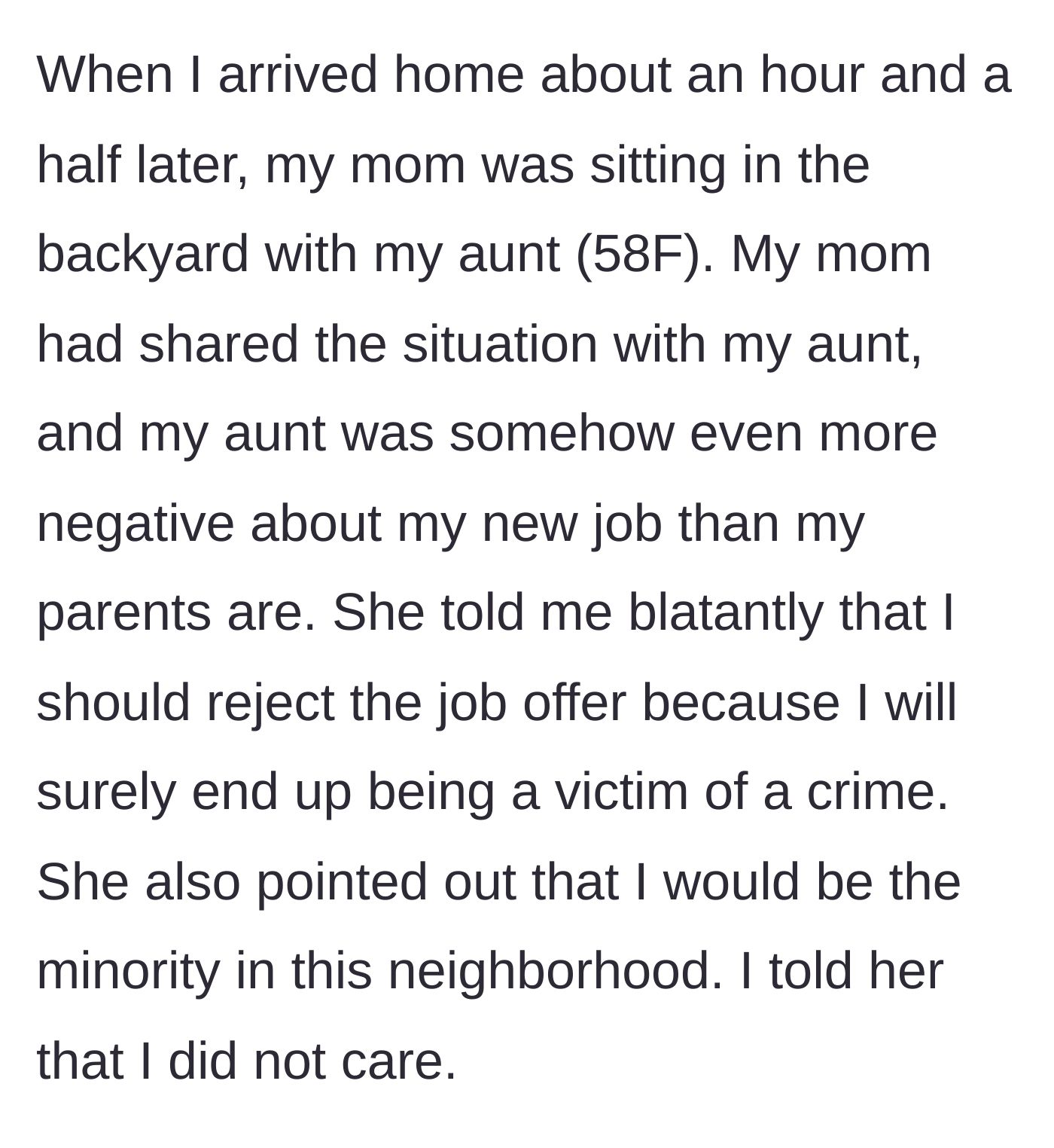 Story part 4 - Returning home, the graduate finds her aunt joining the intervention to criticize the job.