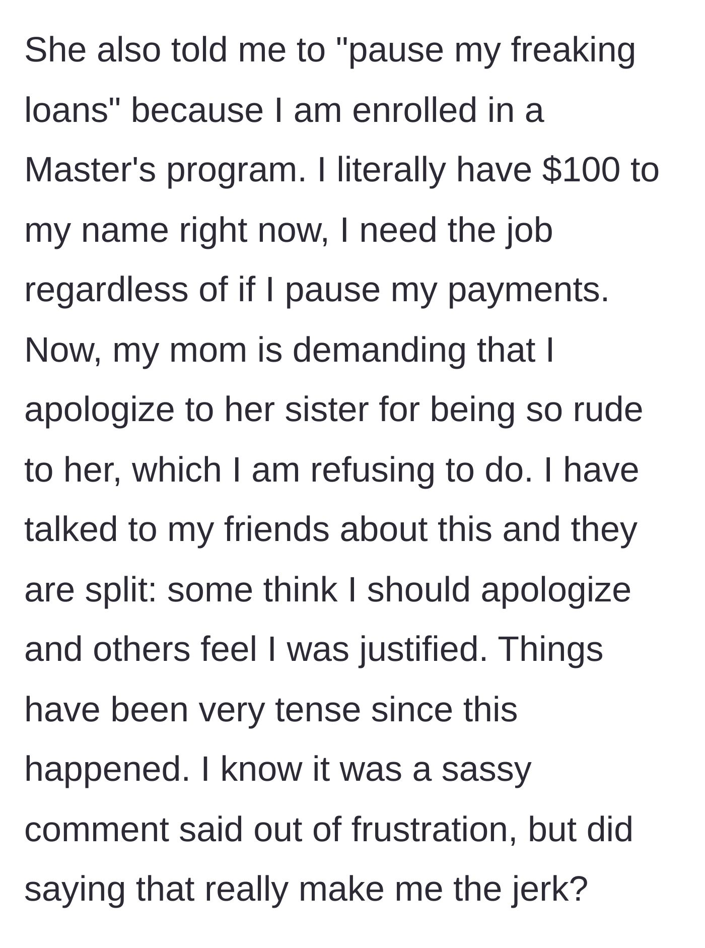 Story part 6 - The mother tells her to pause her loans and demands an apology to the aunt.