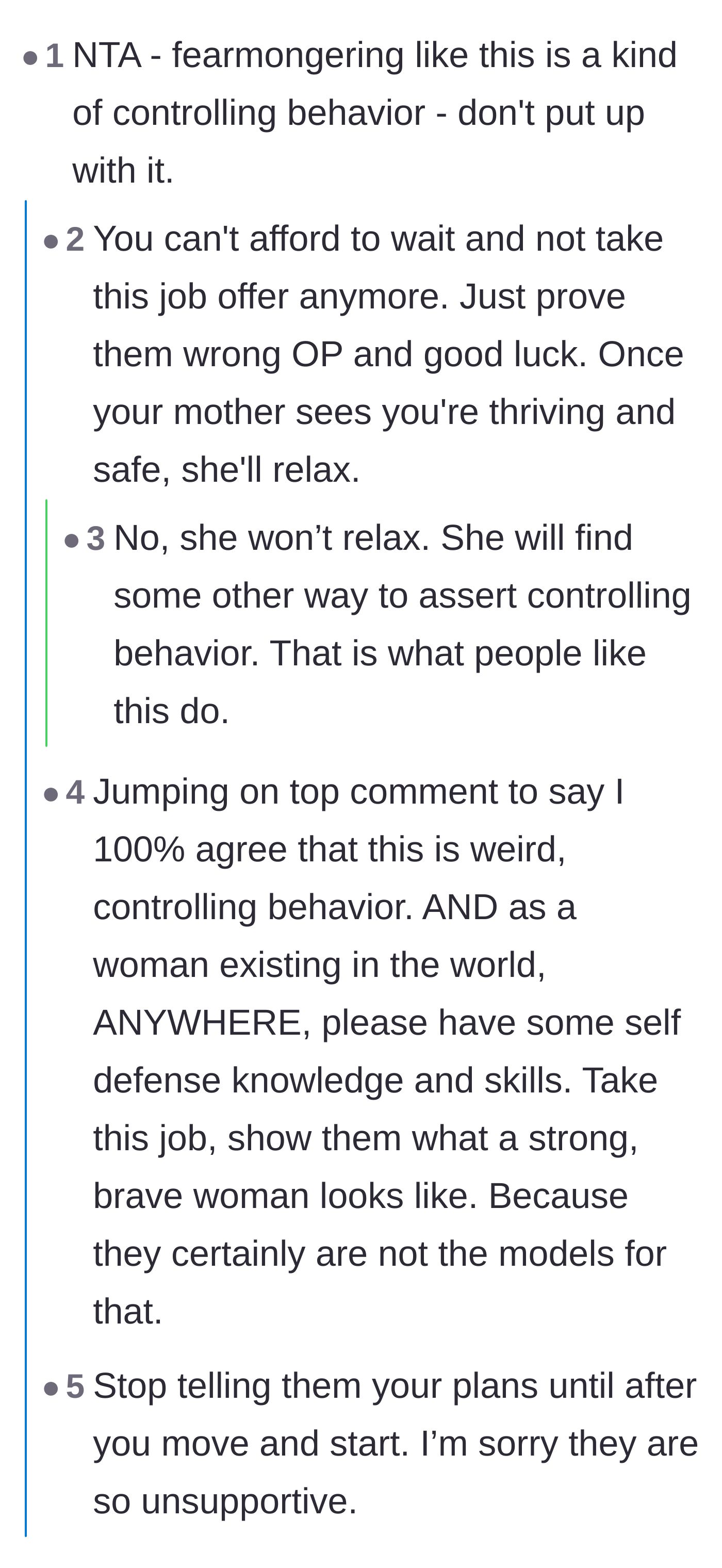Comment thread 1 - Readers calling out the mother's fearmongering as a blatant control tactic to keep her daughter dependent.