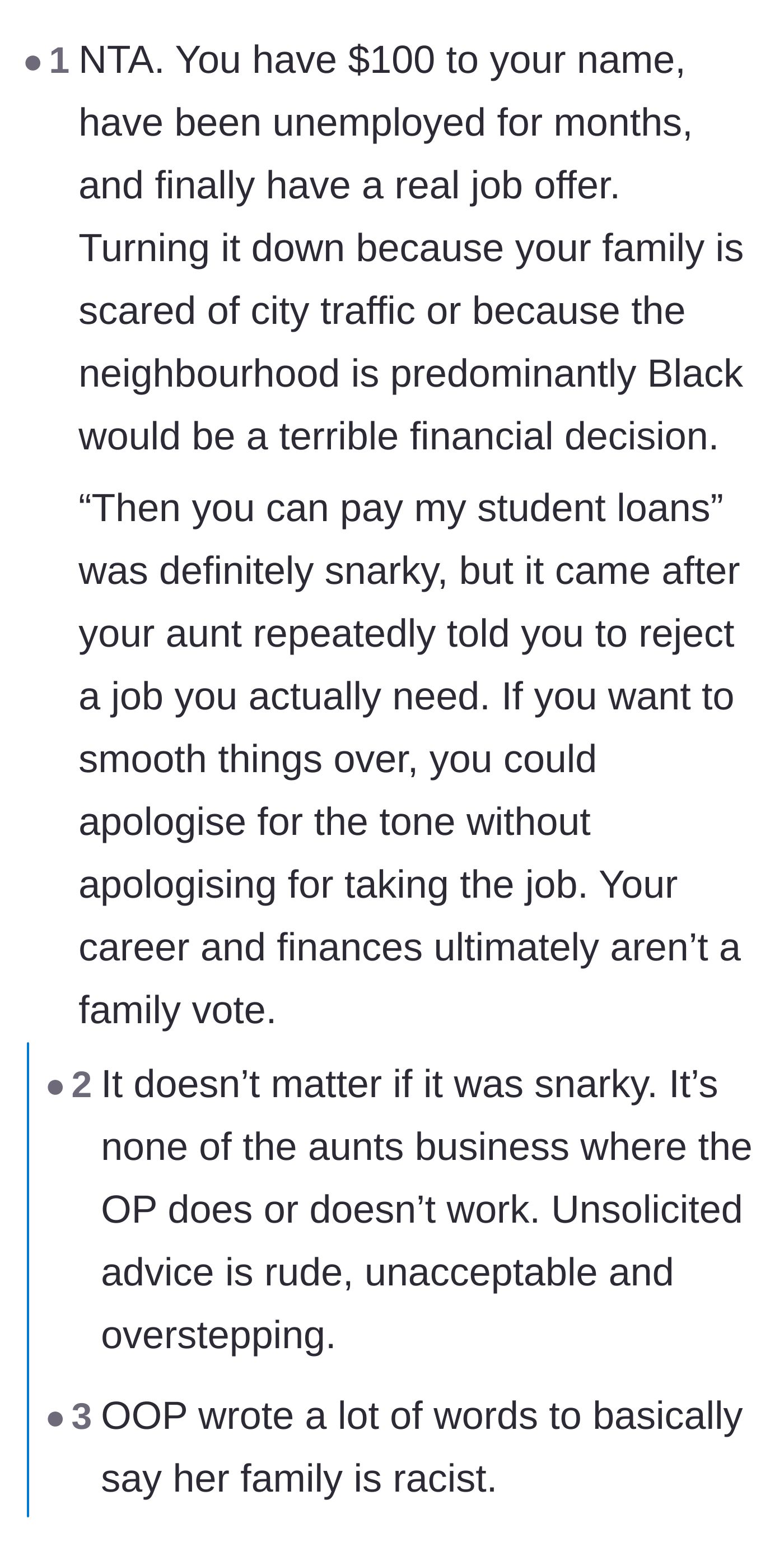 Comment thread 2 - Debate over whether the niece's snappy comeback to the aunt's unsolicited financial advice was justified.
