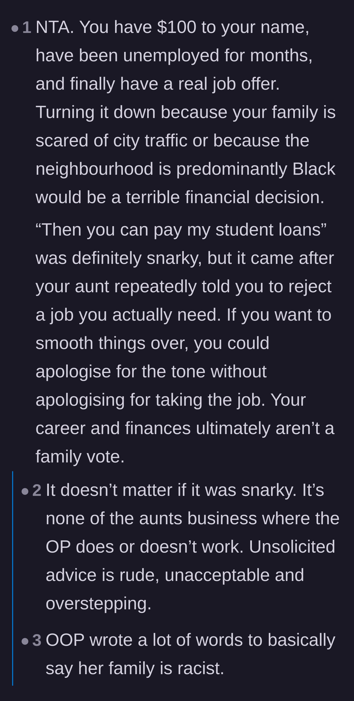 Comment thread 2 - Debate over whether the niece's snappy comeback to the aunt's unsolicited financial advice was justified.