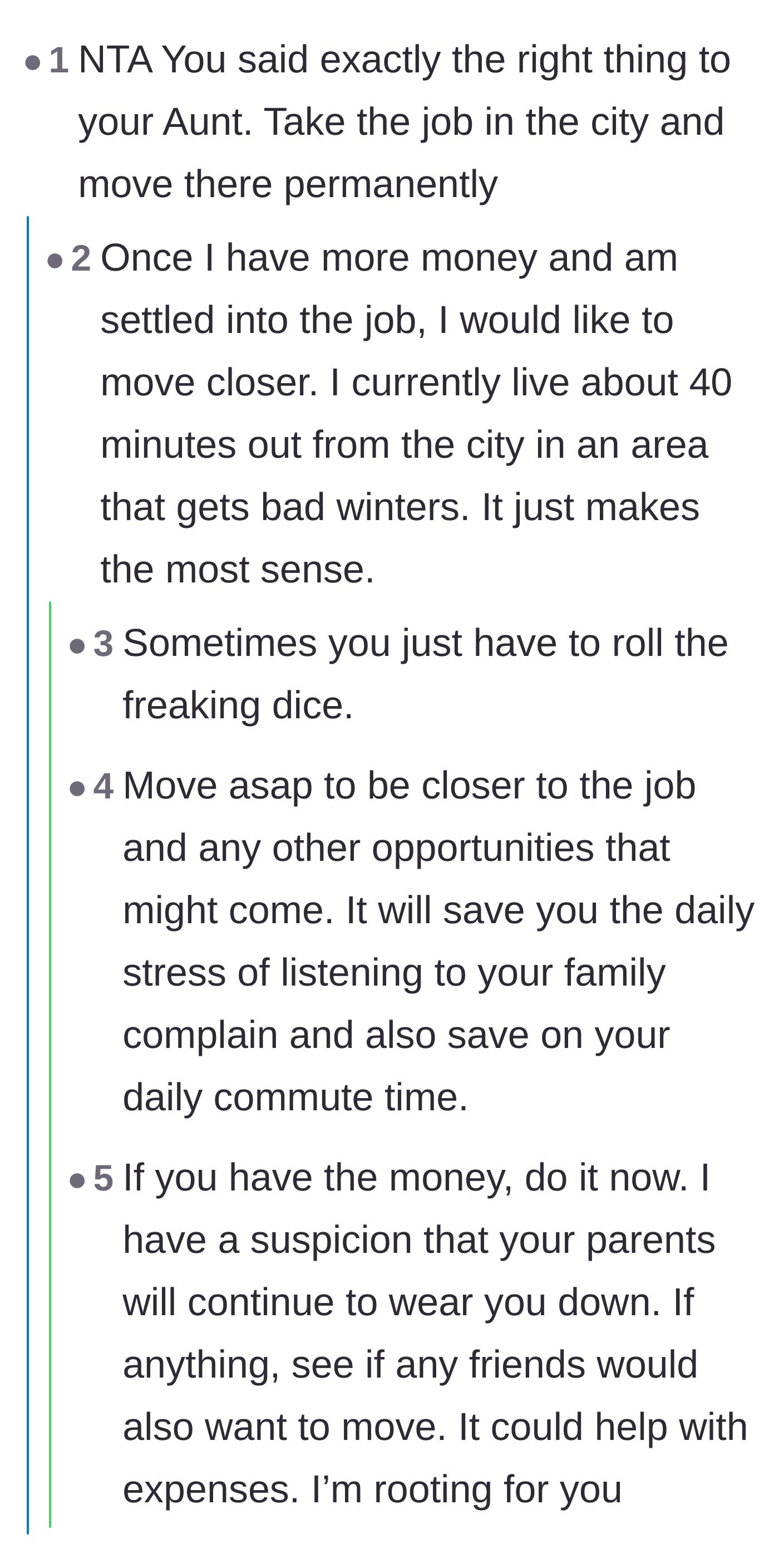 Comment thread 4 - Encouragement for the graduate to use the job to move out permanently, with a reply from the original poster.