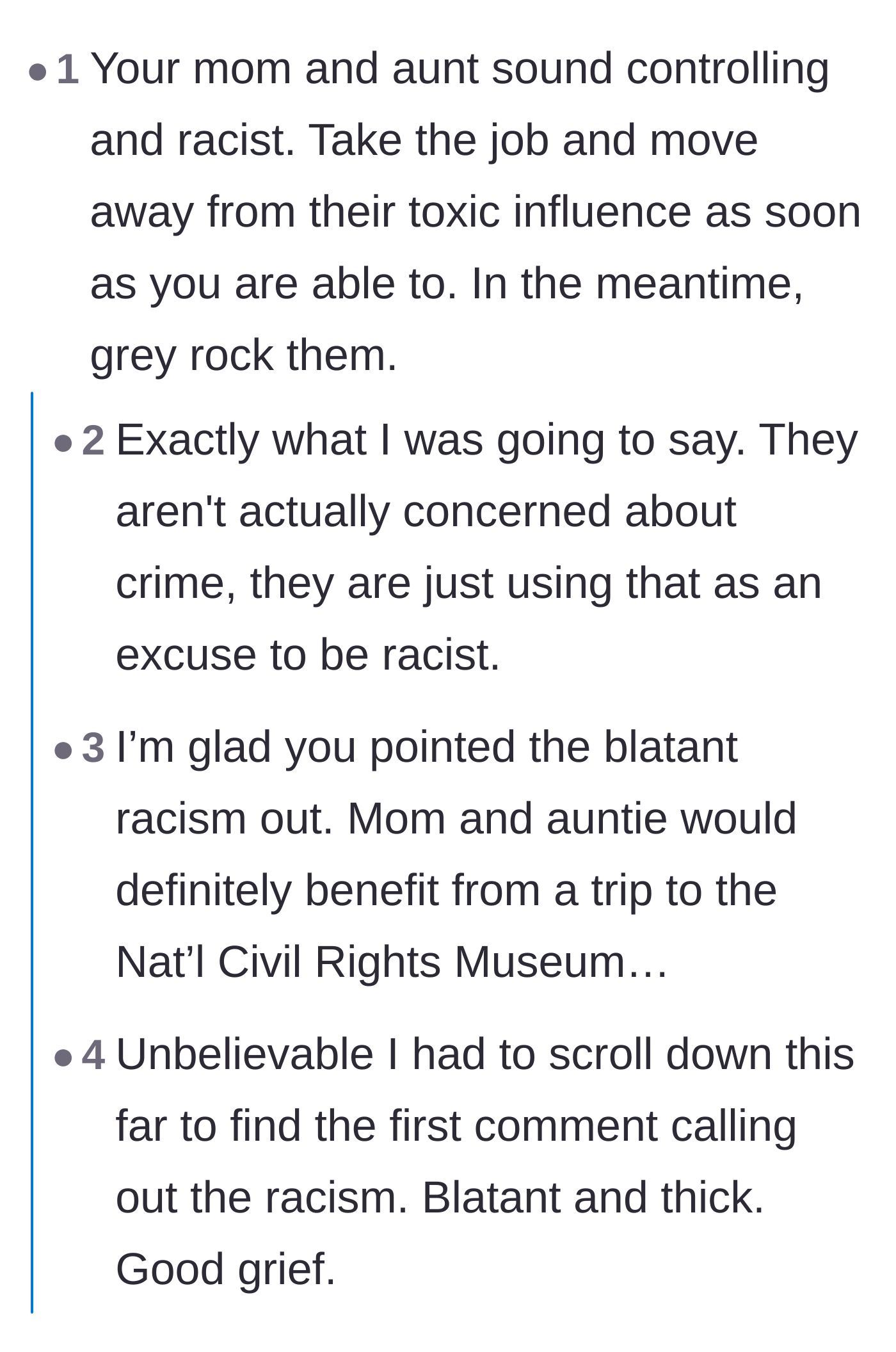Comment thread 5 - Commenters explicitly calling out the mother and aunt's neighborhood complaints as blatantly racist.
