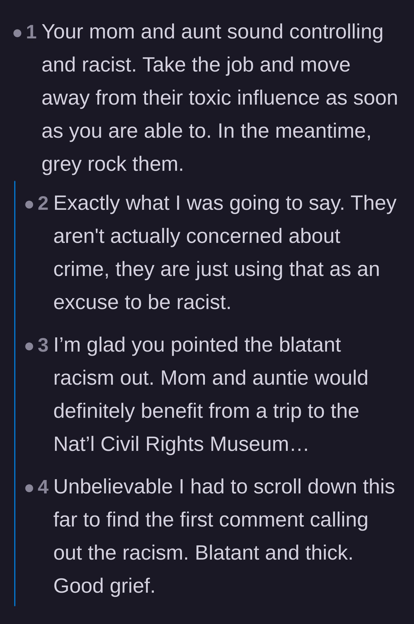 Comment thread 5 - Commenters explicitly calling out the mother and aunt's neighborhood complaints as blatantly racist.