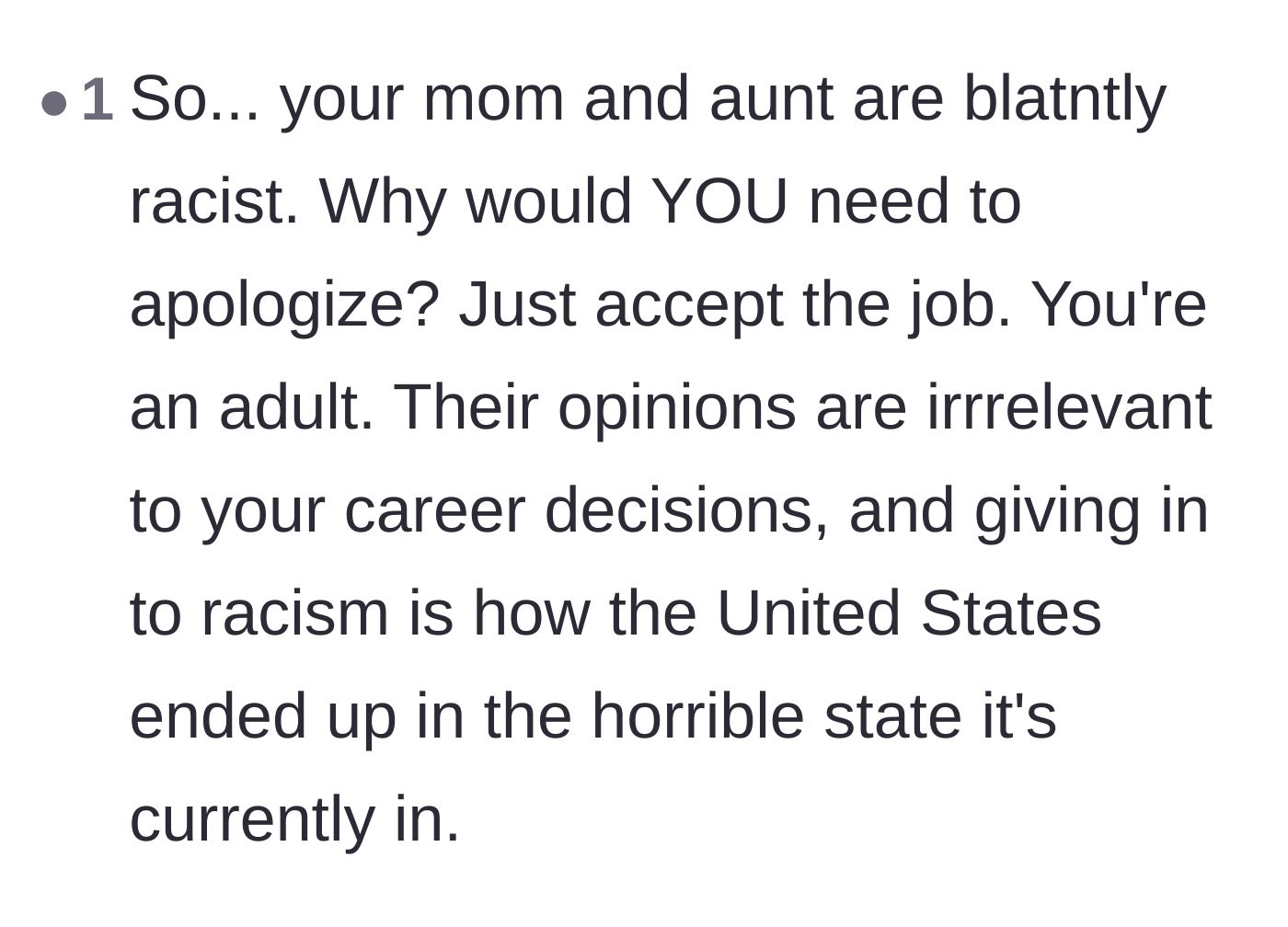 Comment thread 6 - Total rejection of the idea that the main character owes her aunt an apology for standing her ground.