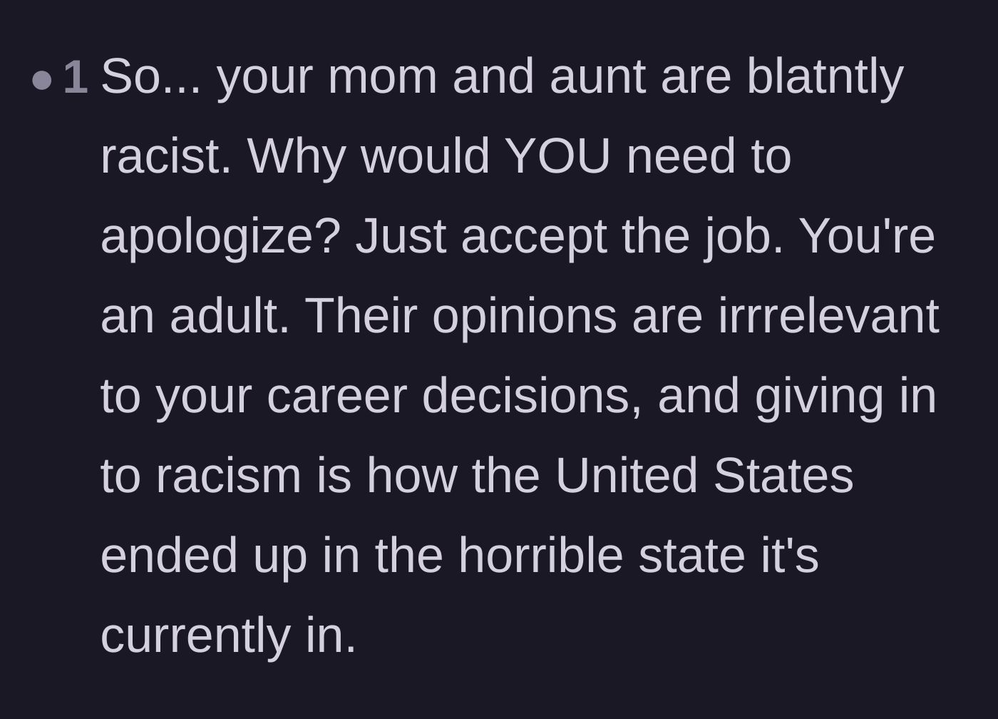 Comment thread 6 - Total rejection of the idea that the main character owes her aunt an apology for standing her ground.