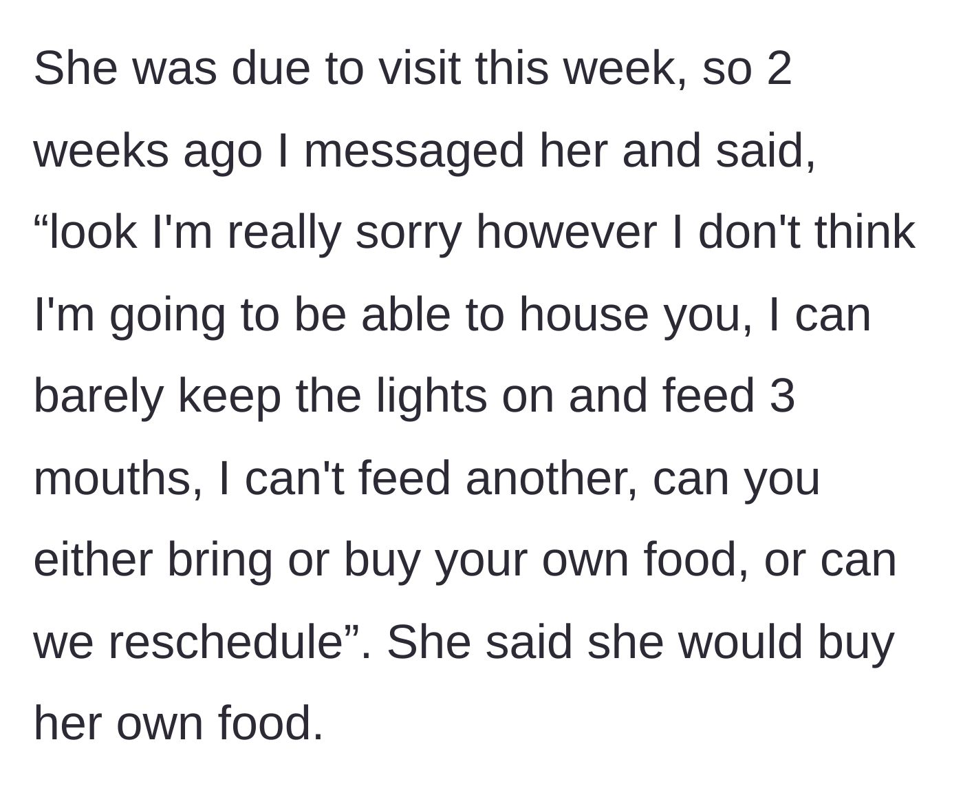 Story part 4 - The mother texts her friend before the trip, explaining she cannot afford to feed her and asking her to pay for her own food, to which the friend agrees.