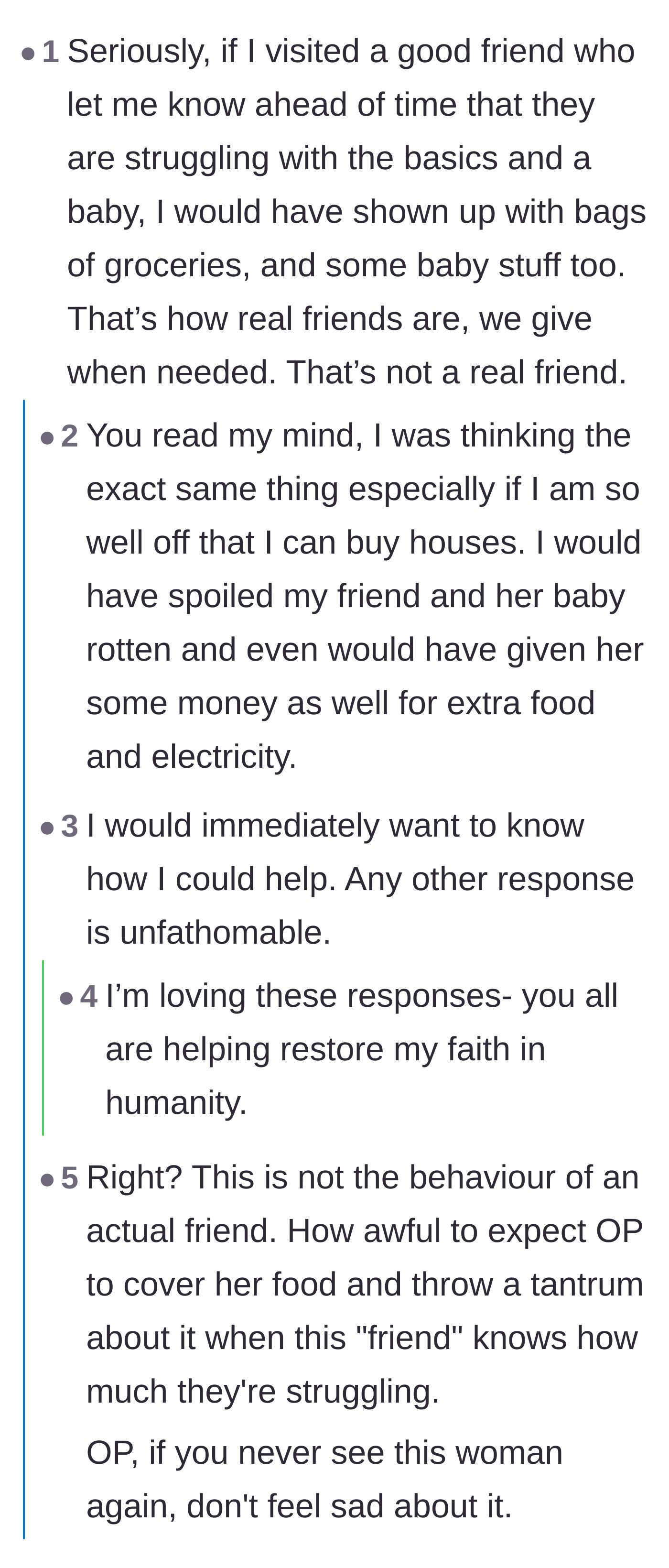 Comment thread 1 - Commenters discussing how a true friend with means would have happily bought groceries and baby supplies.