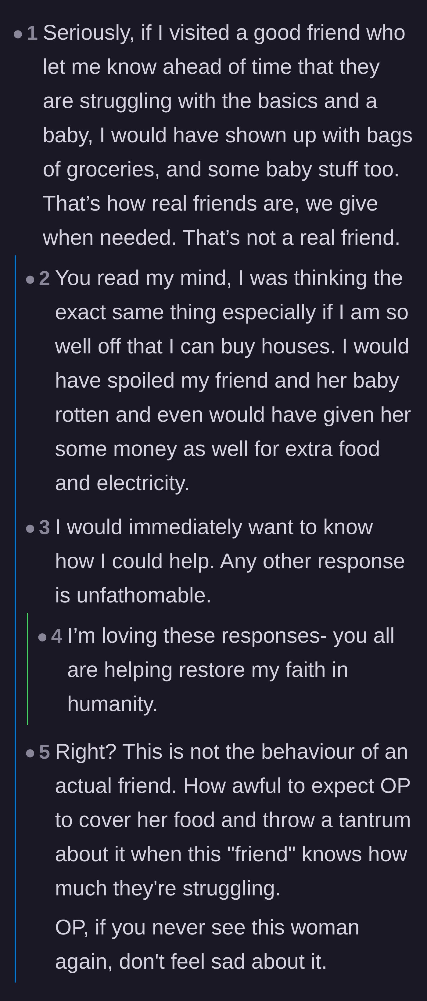 Comment thread 1 - Commenters discussing how a true friend with means would have happily bought groceries and baby supplies.