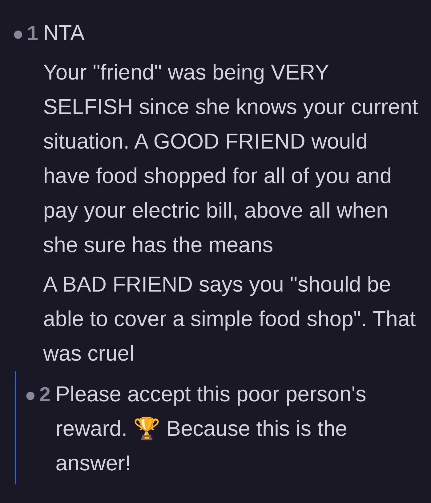 Comment thread 2 - A commenter labeling the wealthy friend as selfish and cruel for her absurd expectations.