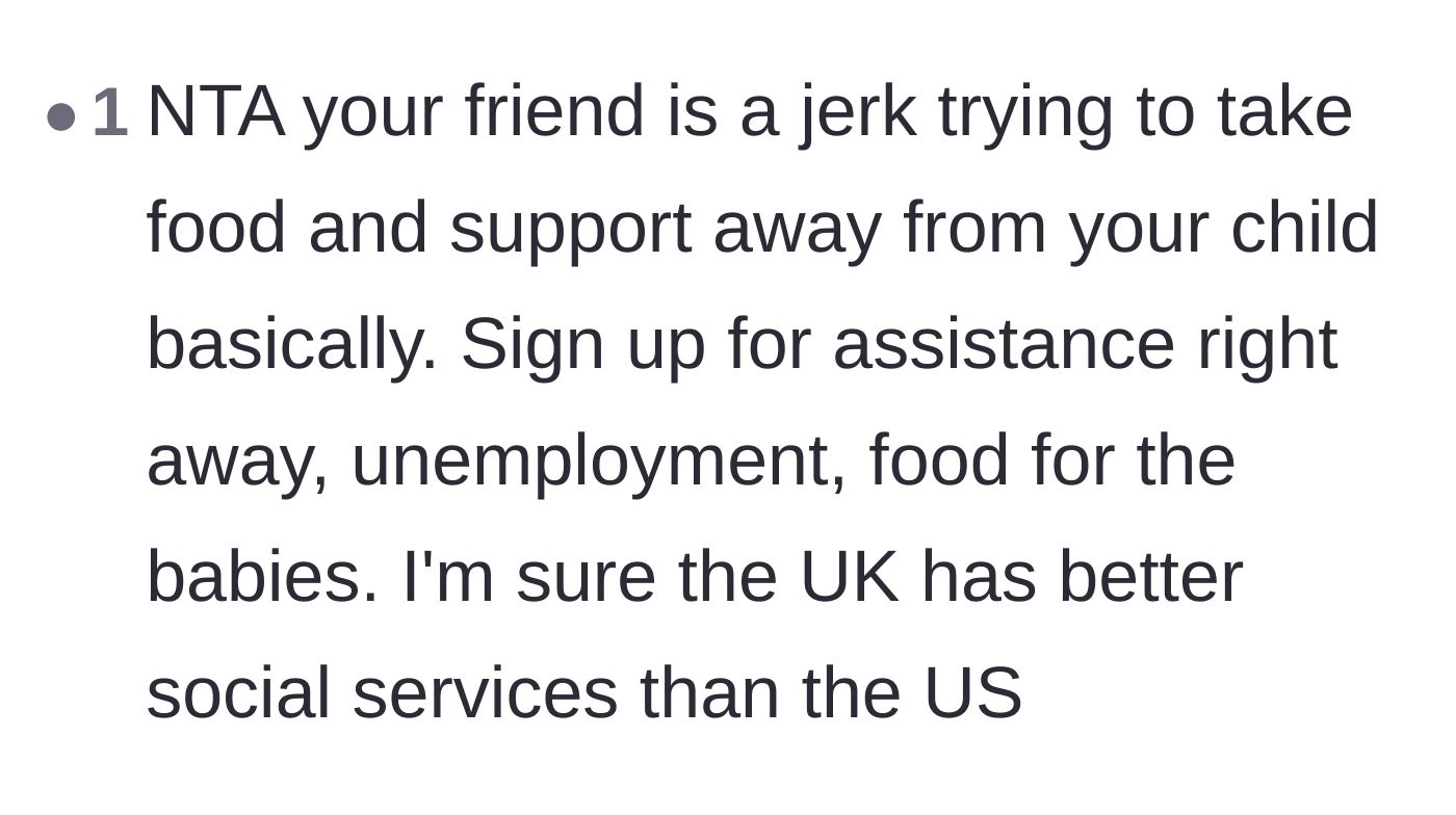 Comment thread 4 - A comment advising the mother to seek government assistance and accusing the friend of taking food from a child.